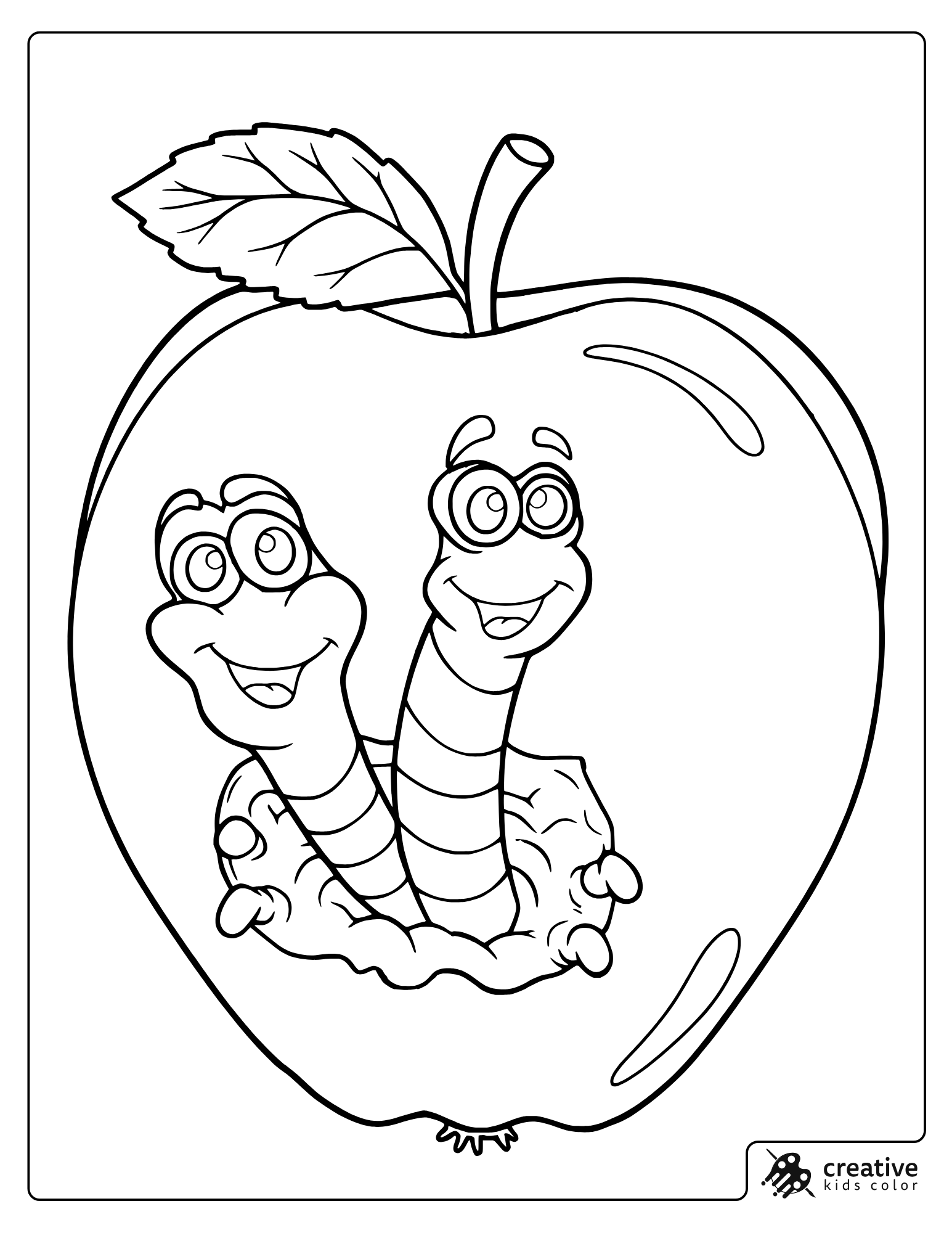Apple With Two Worms Coloring Page.