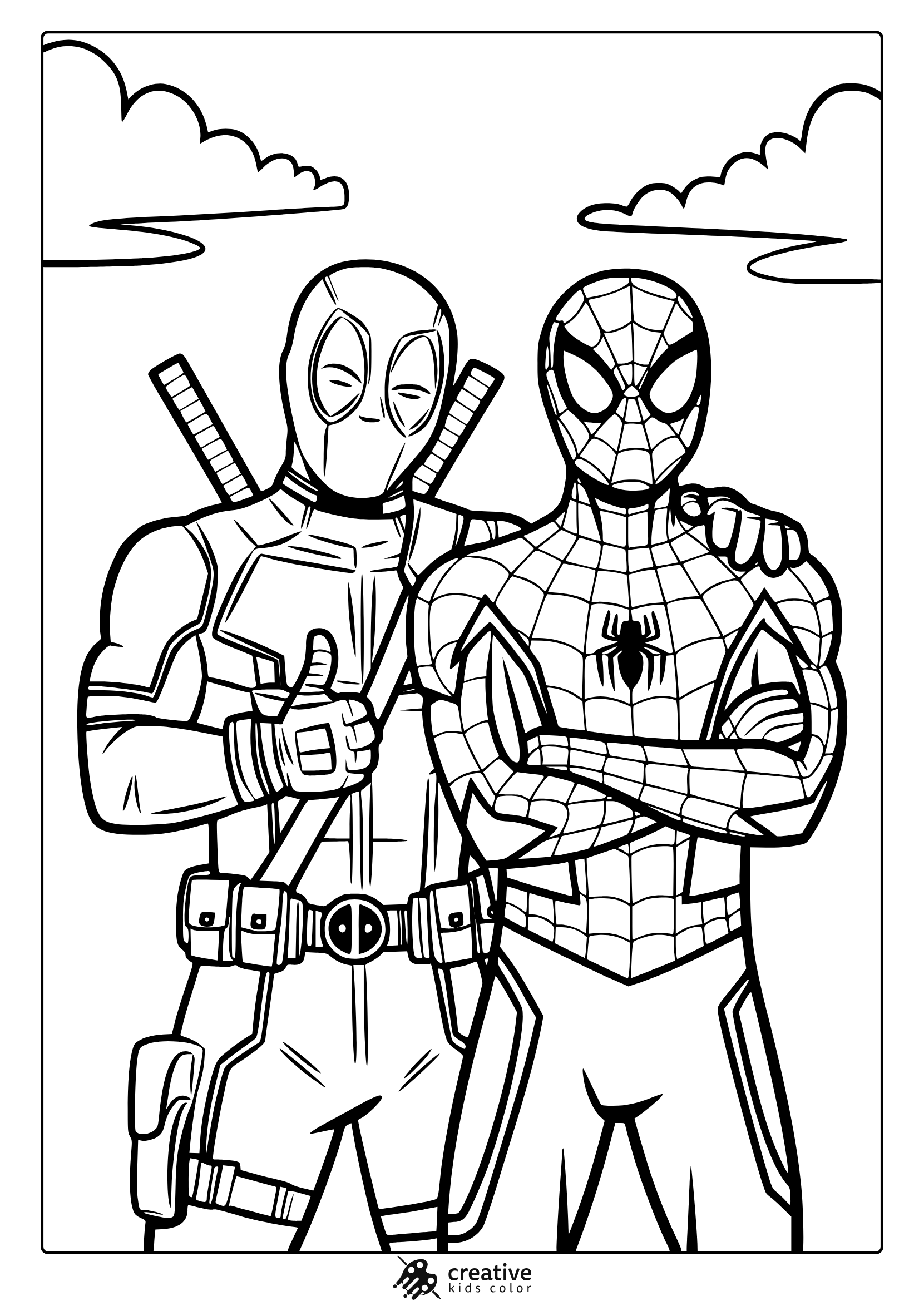 Deadpool And Spider-Man Coloring Page Featuring The Superheroes Together, Ideal For Marvel Fans To Color.