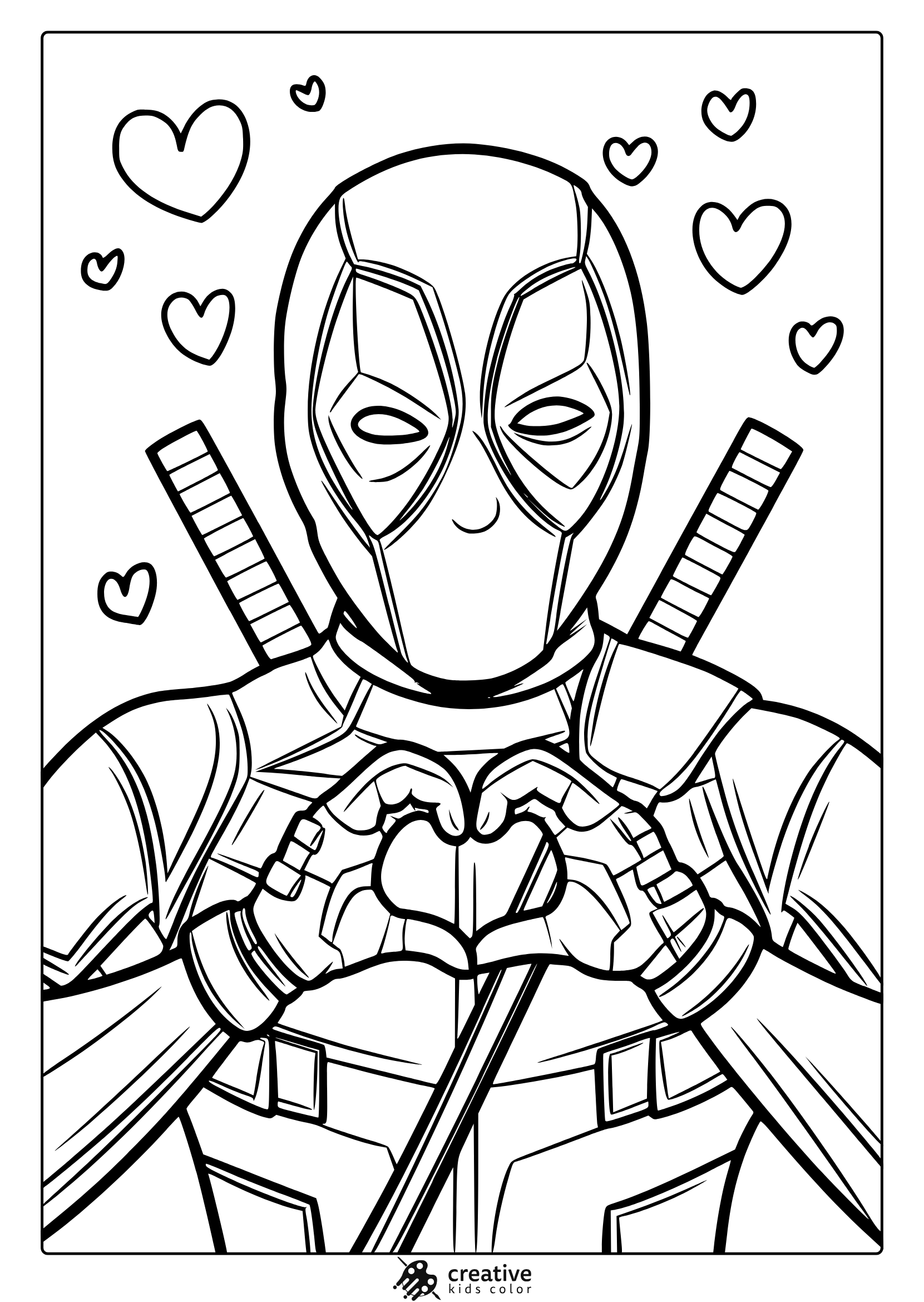 Deadpool Heart Coloring Page With The Superhero Making A Heart Gesture, Ideal For Lighthearted And Creative Coloring.