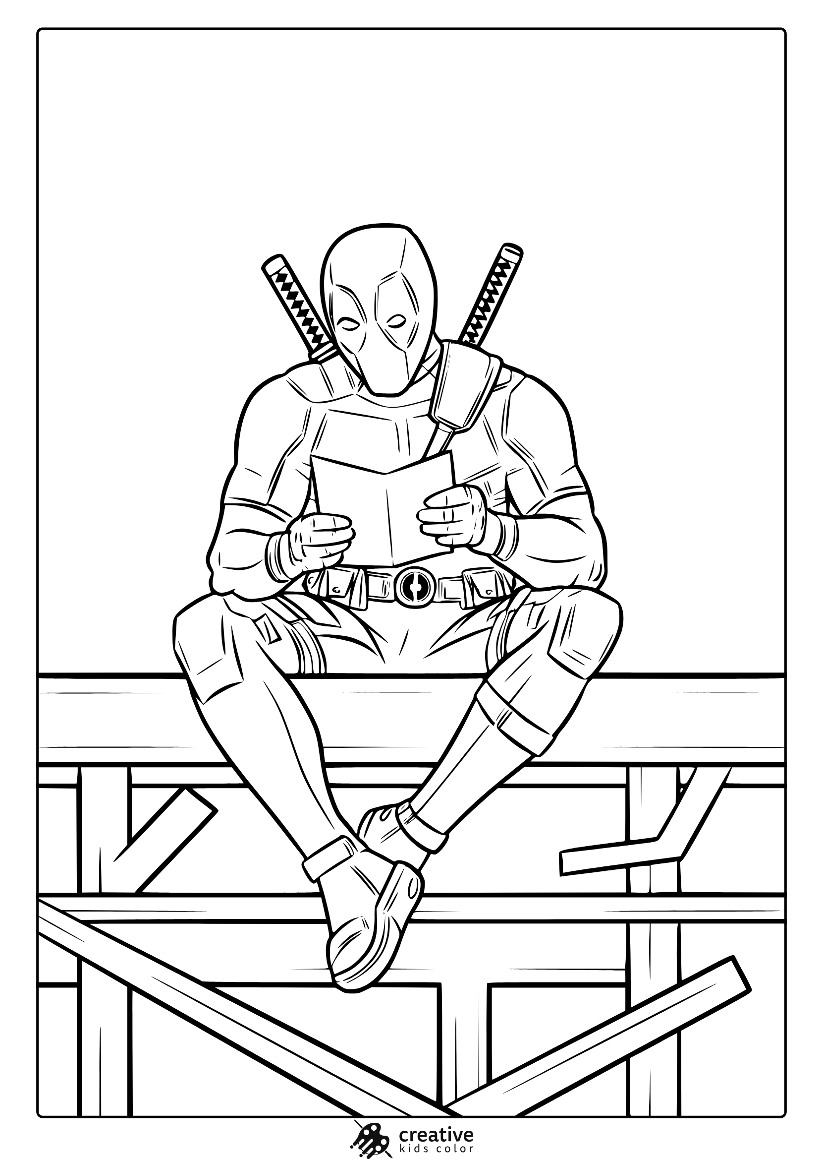 Deadpool Reading Coloring Page Featuring The Superhero Seated With Swords And A Book, Great For Creative And Relaxed Coloring.