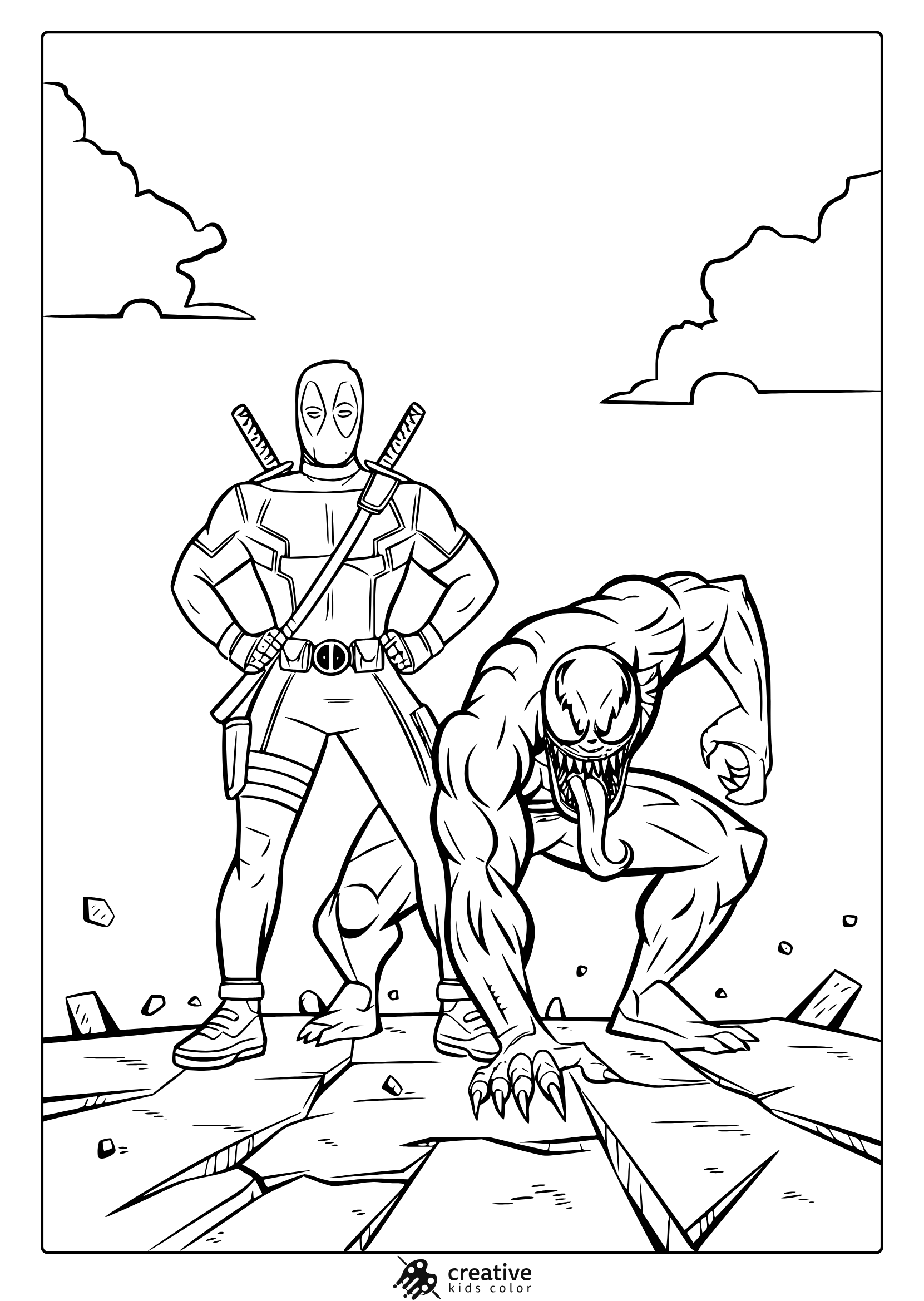 Deadpool And Venom Coloring Page Featuring The Characters In A Dramatic Stance, Perfect For Superhero Coloring Fun.