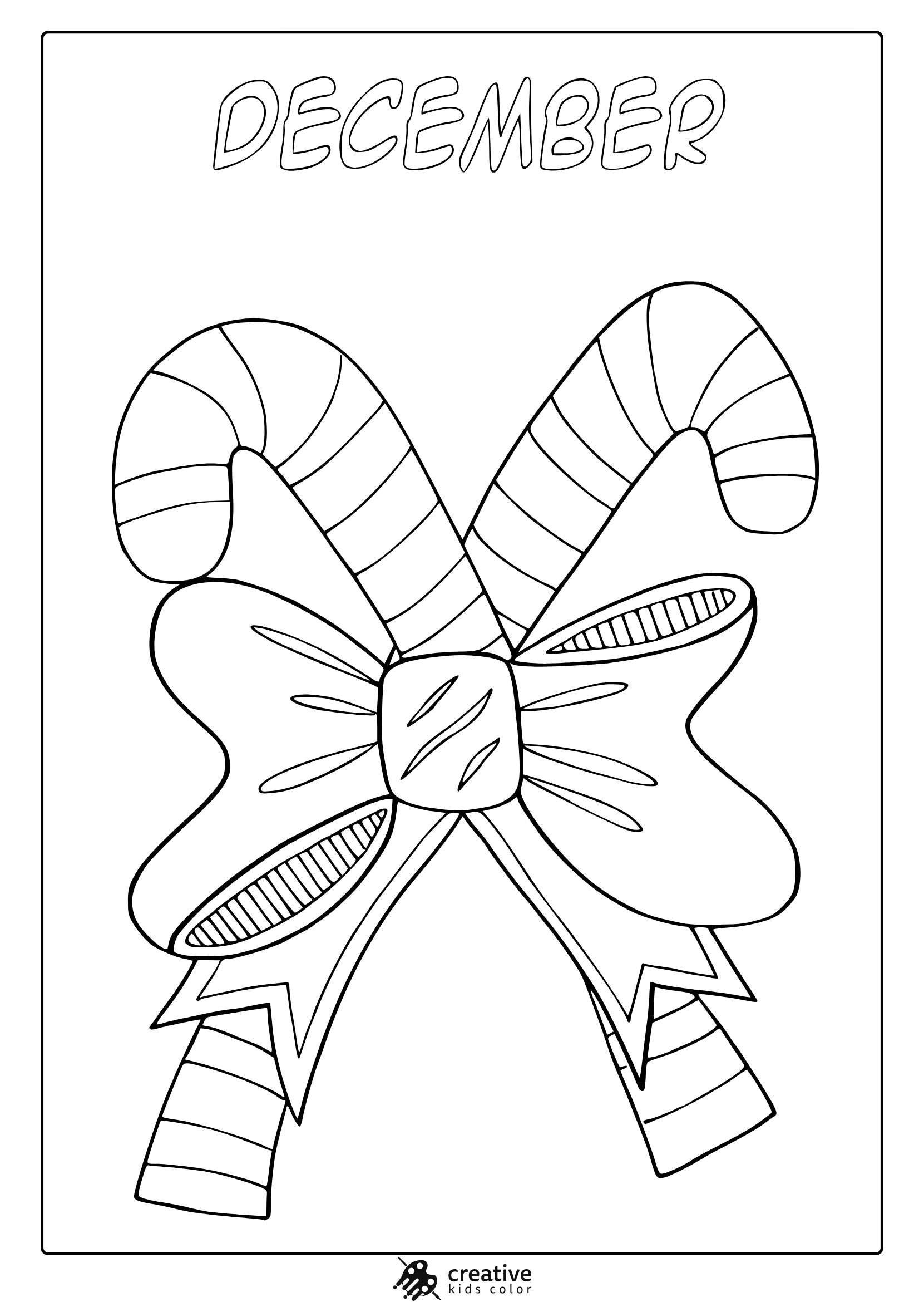 December Christmas Candy Canes Coloring Page With Two Candy Canes And Ribbon Bow.