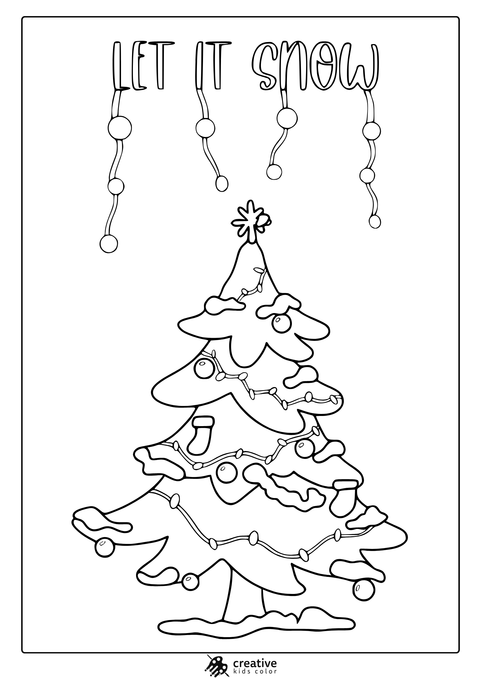 December Christmas Tree Coloring Page With Decorated Tree, Star, Ornaments, And String Lights.