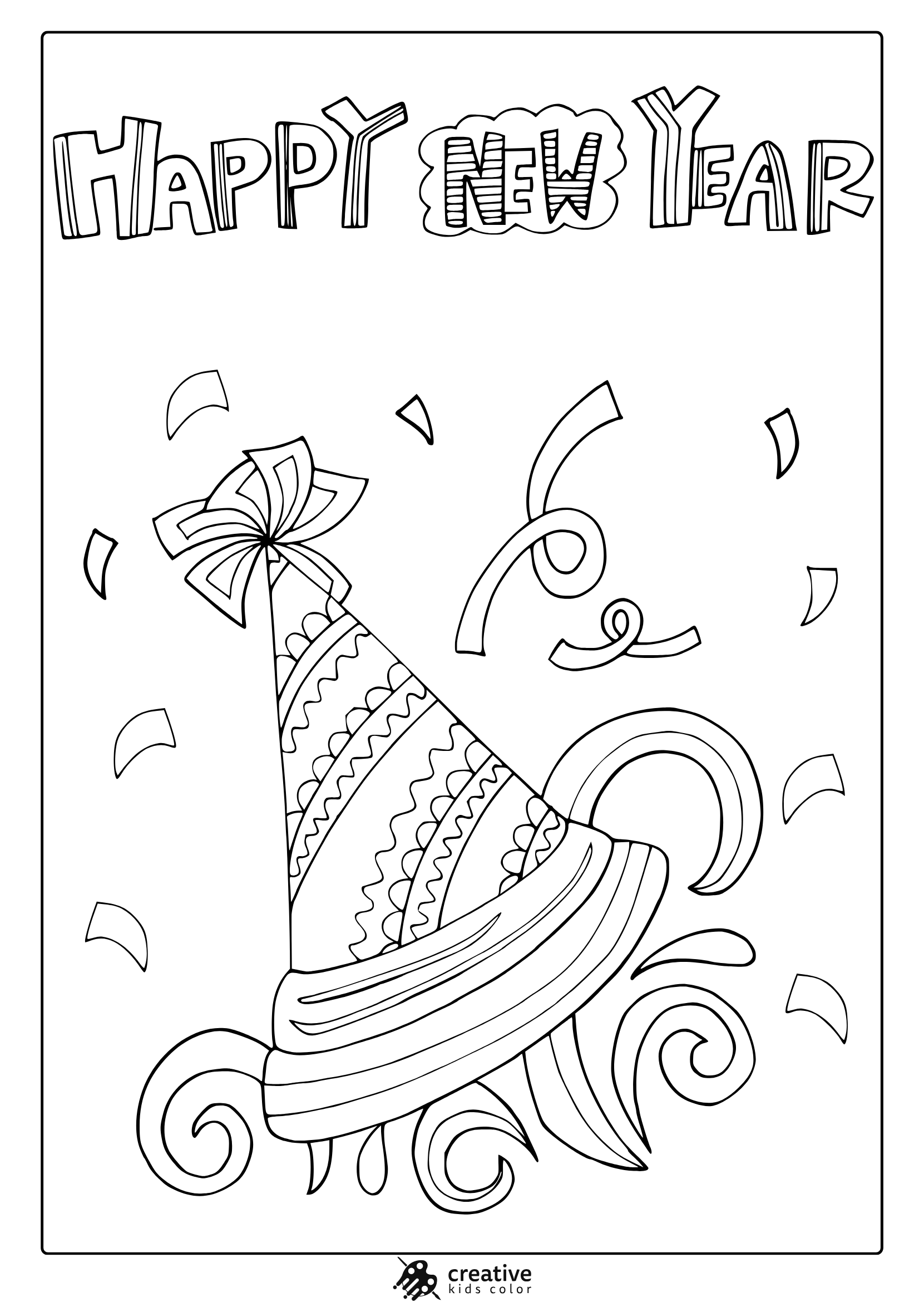 December Happy New Year Coloring Page With Decorated Party Hat, Ribbons, And Confetti.