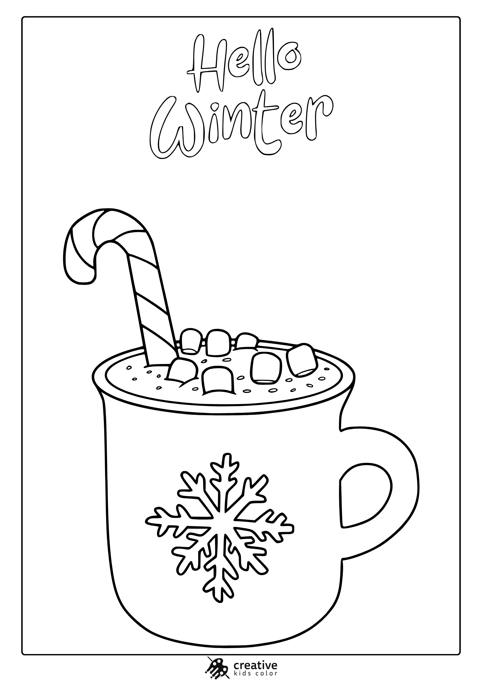 December Hot Chocolate Coloring Page With Mug, Marshmallows, And Striped Candy Cane.