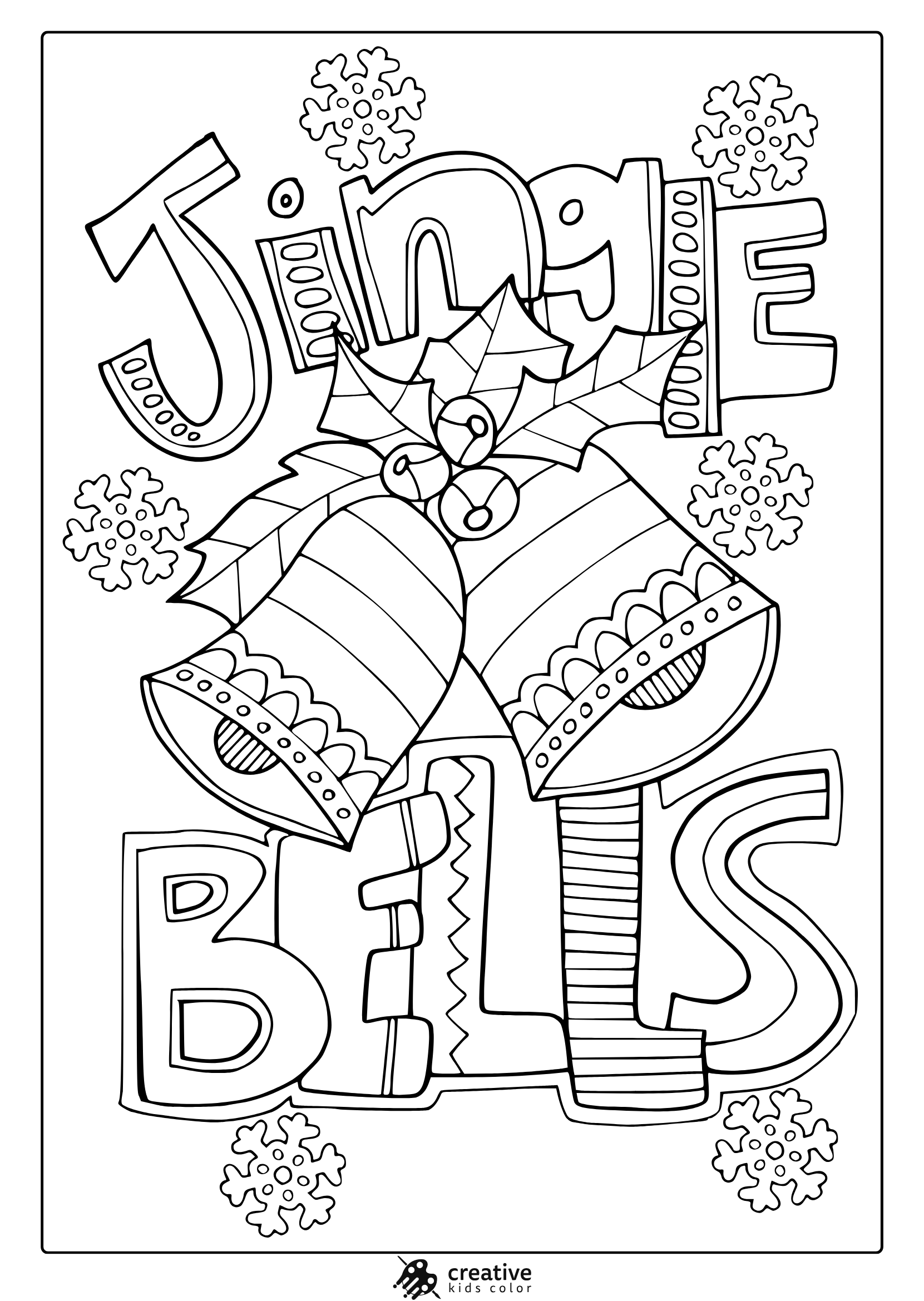 December Jingle Bells Coloring Page With Bells, Holly Leaves, Berries, And Snowflakes.
