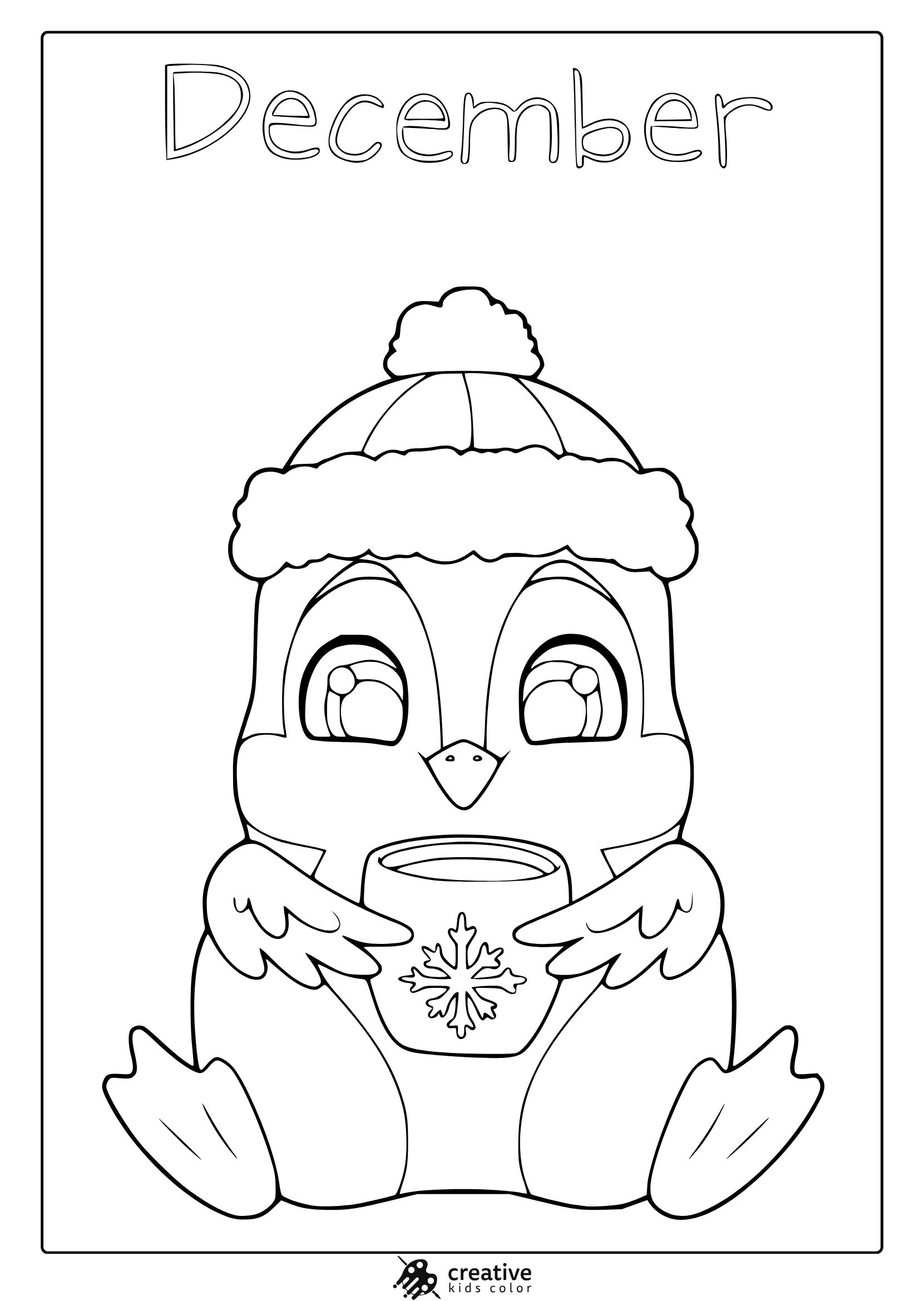 December Penguin Coloring Page With Penguin Wearing Hat And Holding A Mug.