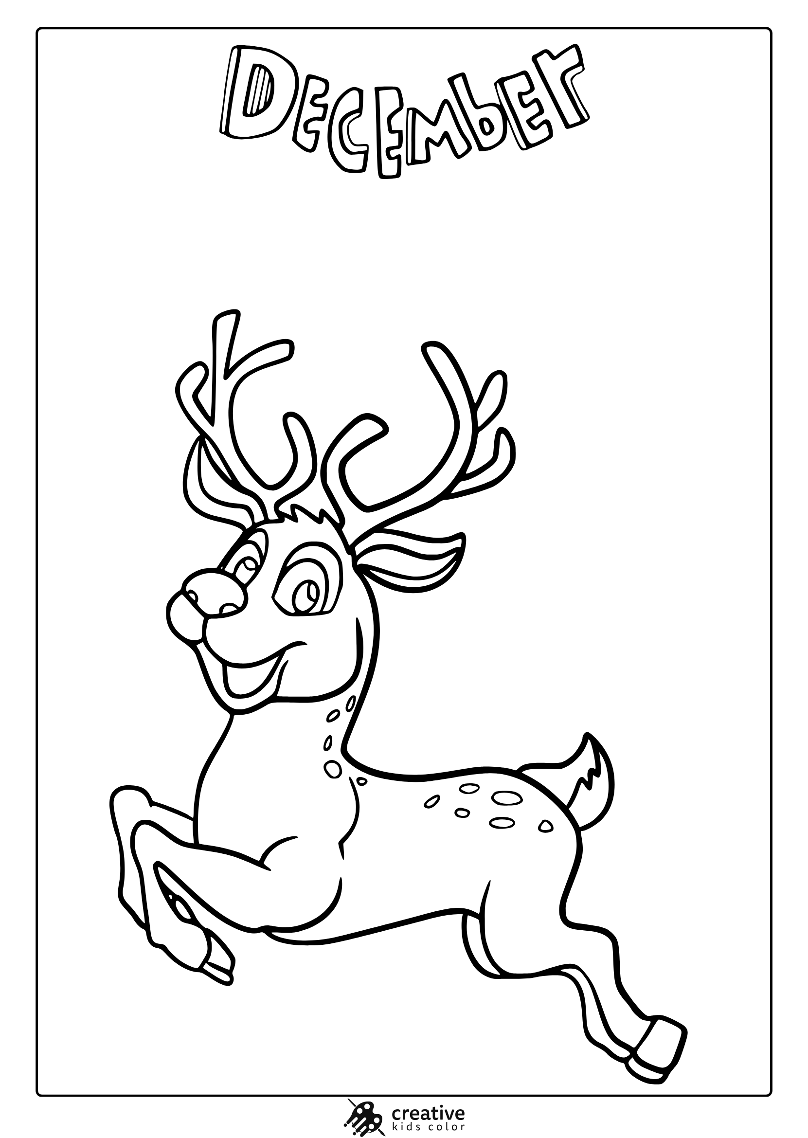 December Reindeer Coloring Page With Reindeer In Jumping Pose And Detailed Antlers.