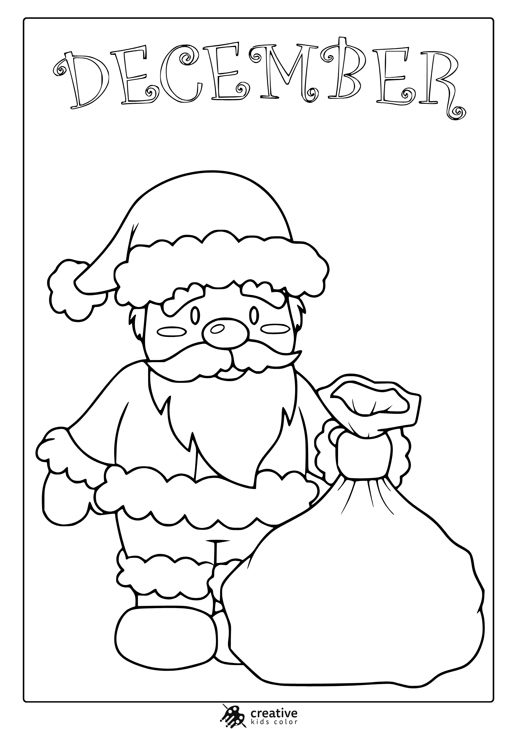 December Santa Claus Coloring Page With Santa Holding A Gift Sack.