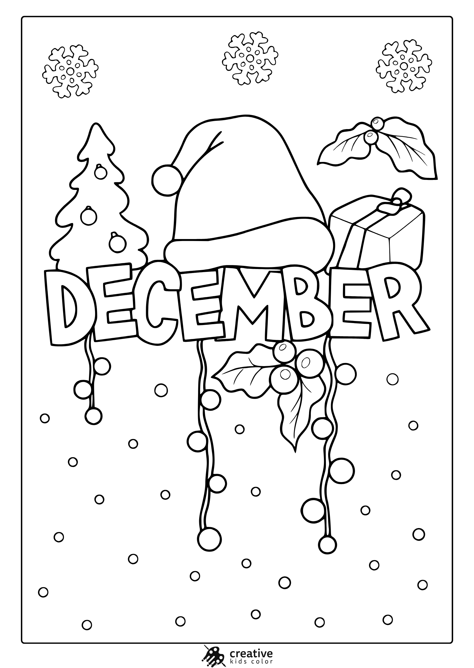 December Snow Coloring Page With Decorated Christmas Tree, Santa Hat, Wrapped Gift, Holly Leaves, And Snowflakes.