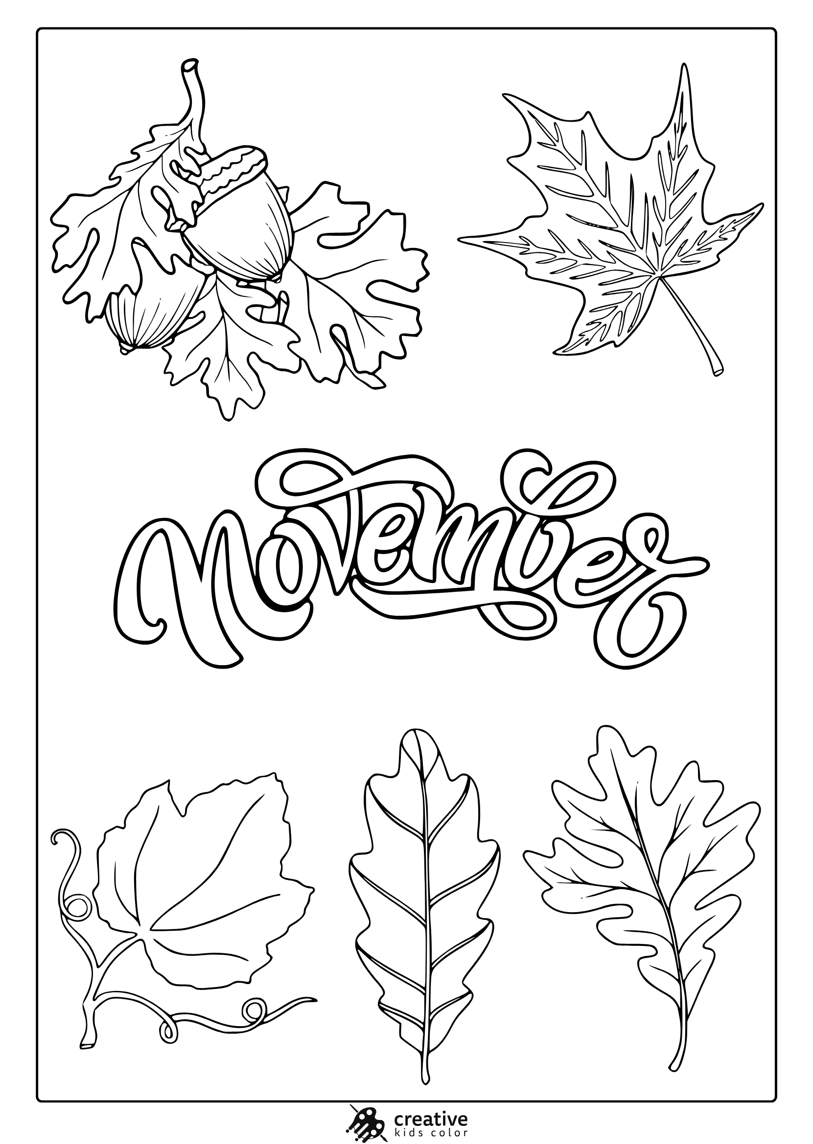 Detailed November Leaves Coloring Page With Maple, Oak, And Grape Leaves Around A Script Title.