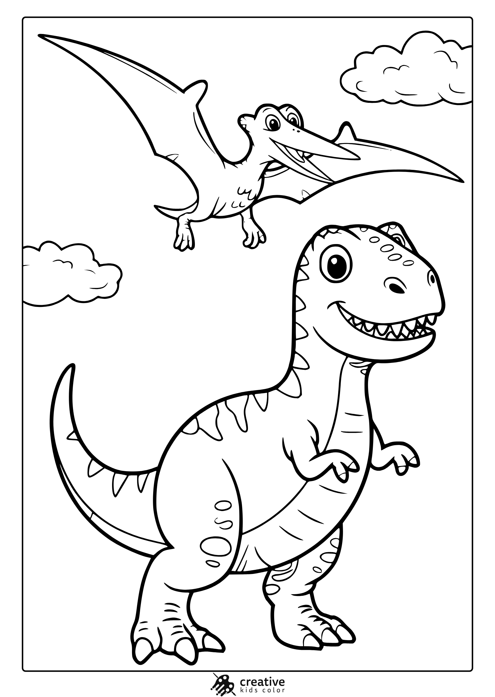 A Cartoon T-Rex And Pterodactyl Duo Fill This Playful And Vibrant Dinosaur Coloring Page With Fun.