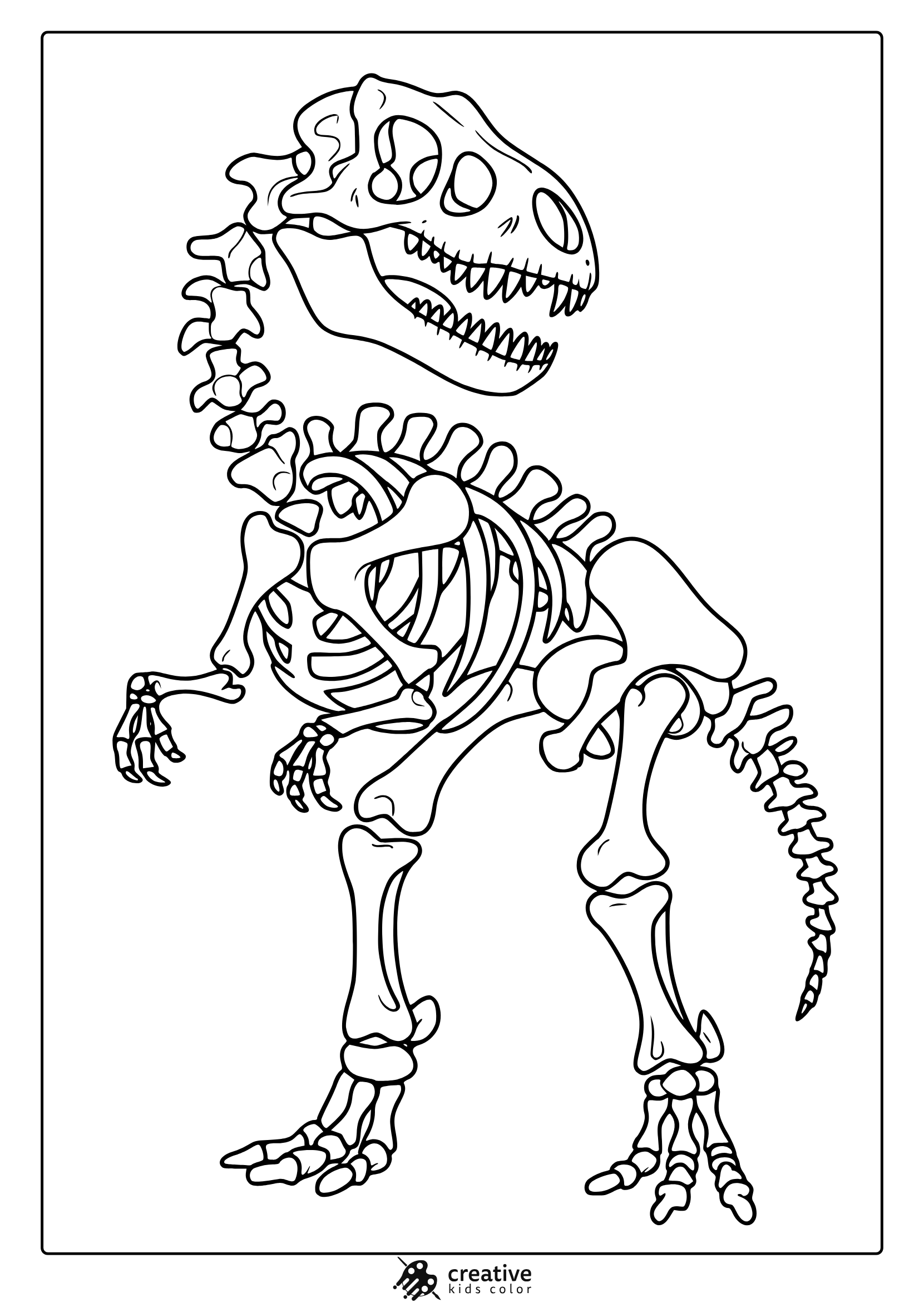 A T-Rex Skeleton From Skull To Tail Is Shown In This Clean-Lined Dinosaur Coloring Page With Educational Detail.
