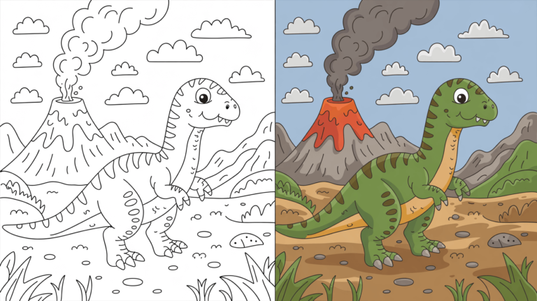 Dinosaur Coloring Page Cover, Left Side Black And White, Right Side Colored In A Fun, Nature-Filled Scene.