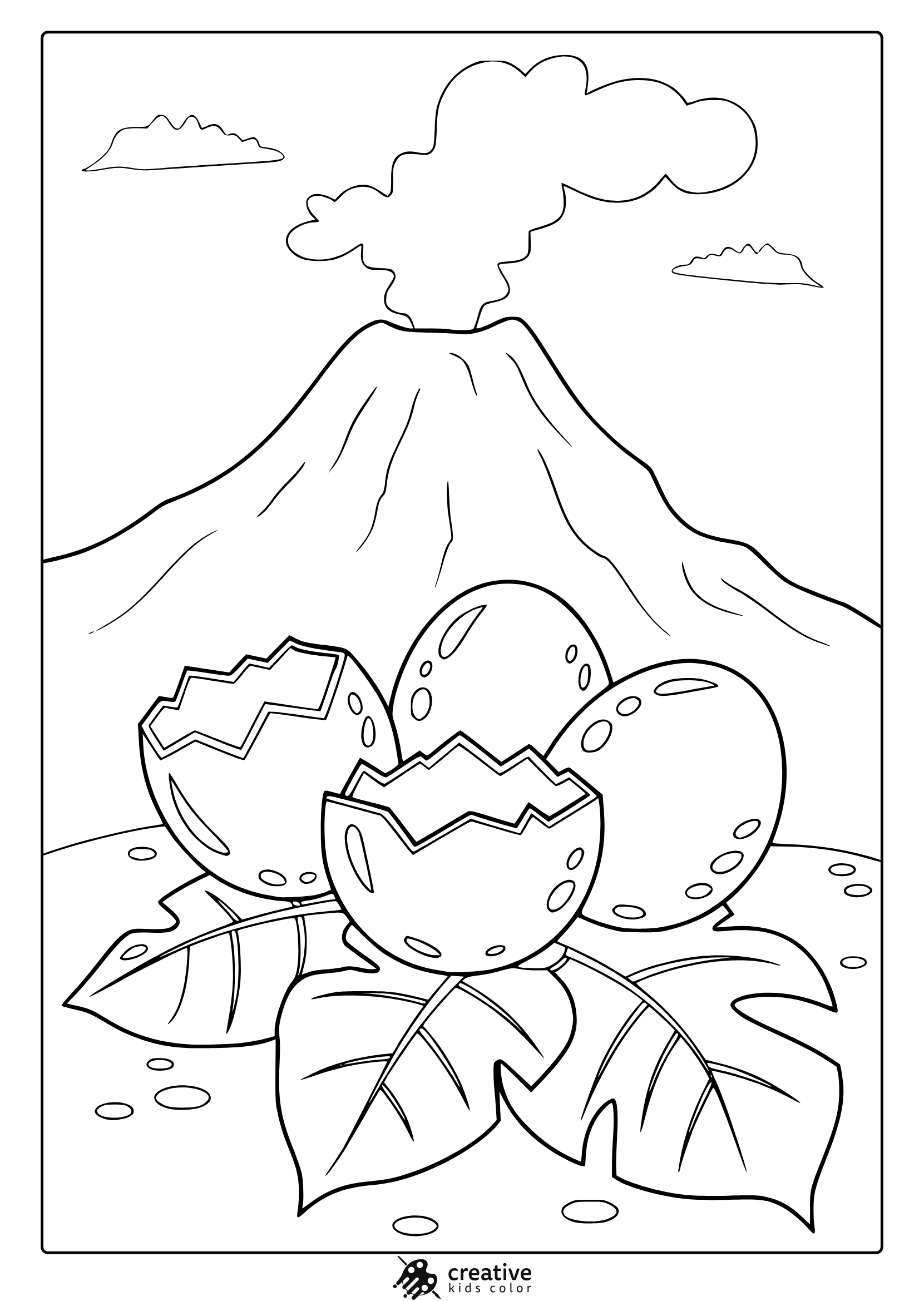 Hatching Dinosaur Eggs By A Volcano Are Featured In This Detailed And Fun Dinosaur Coloring Page For Kids.