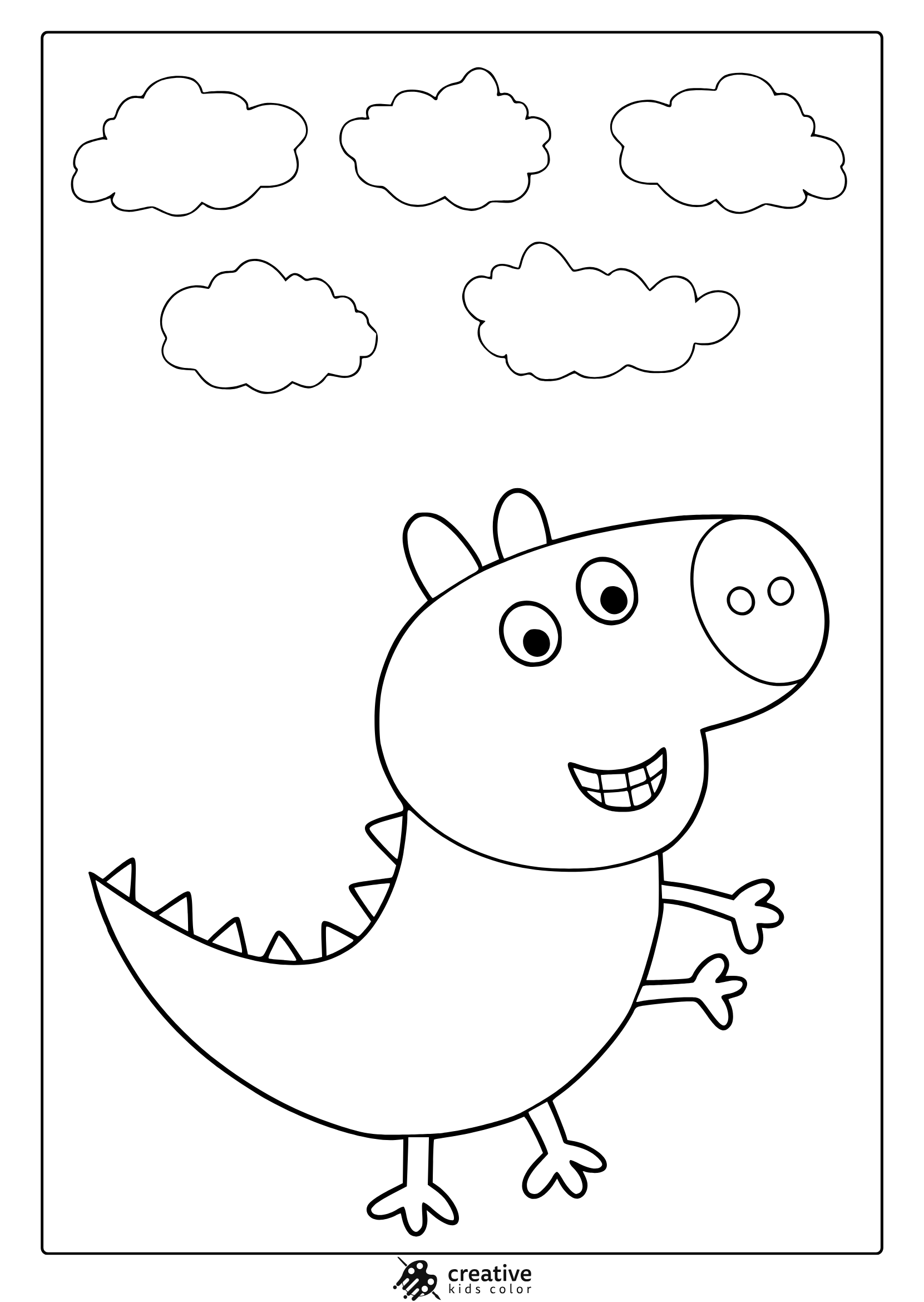 Peppa Pig Dinosaur Coloring Page With Spikes, Big Eyes, And Clouds Above.