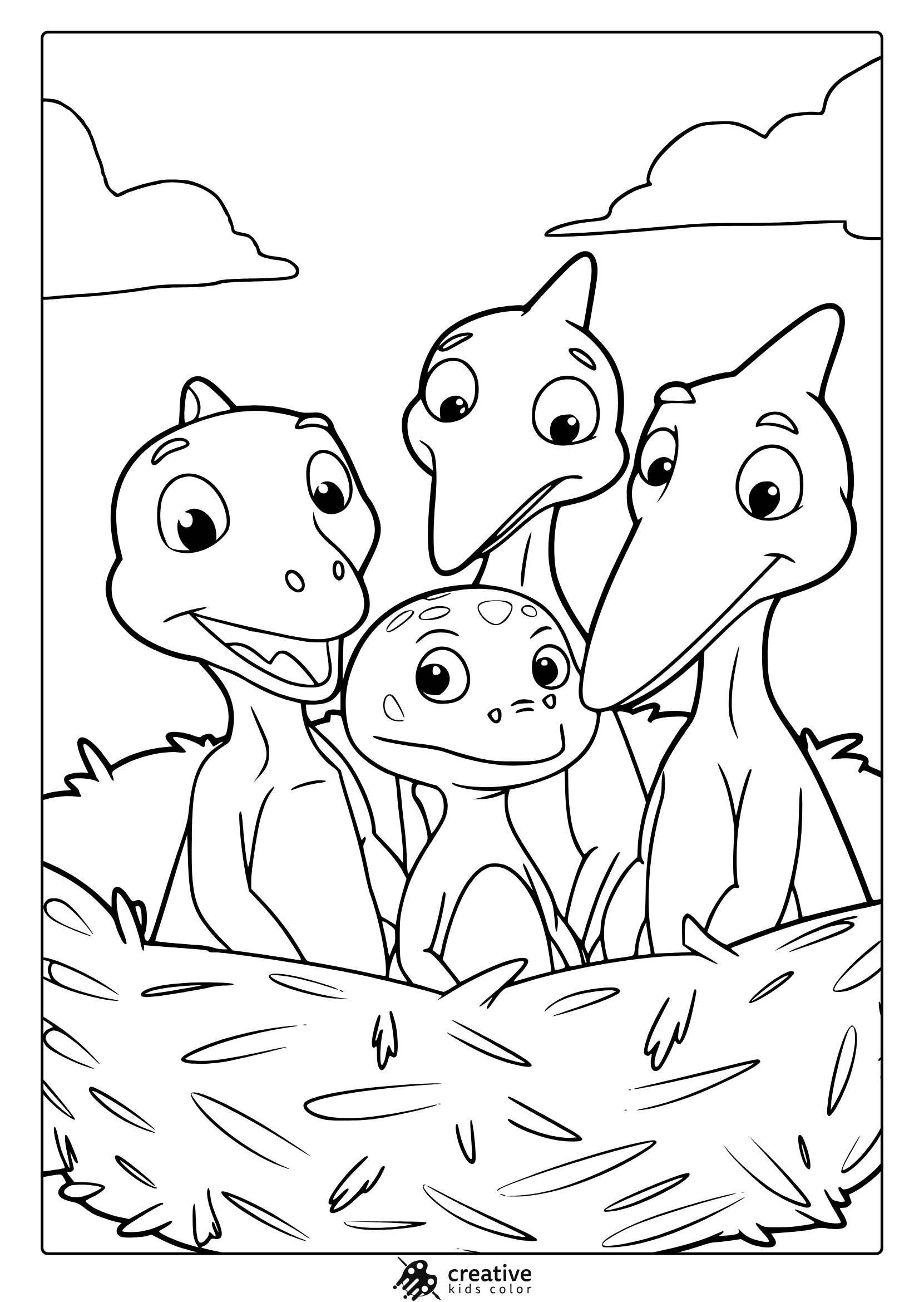 Four Cute Dinosaurs In A Nest Are Drawn In This Playful And Simple Dinosaur Coloring Page For Young Artists.