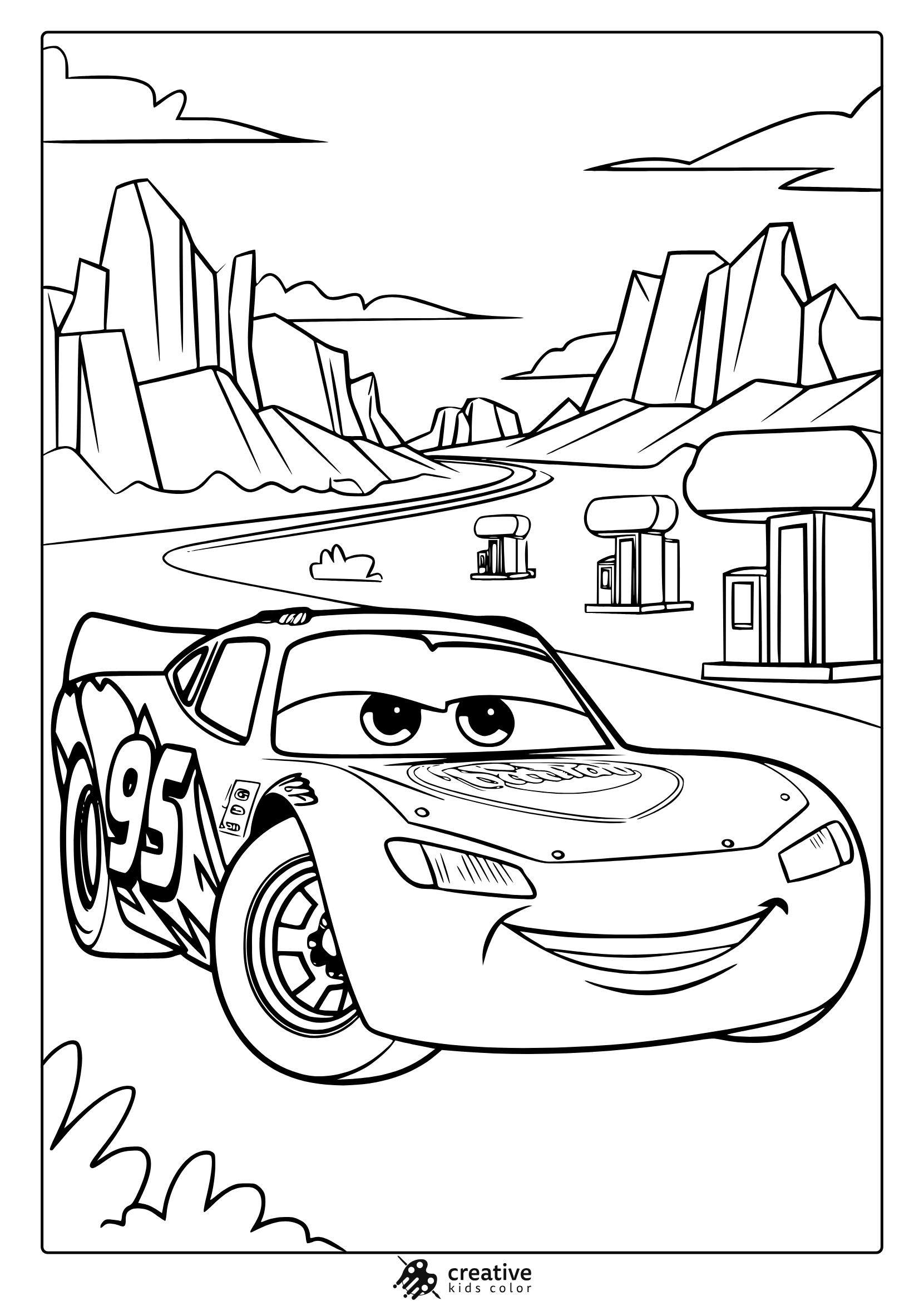 A Lightning Mcqueen Racing Car On A Winding Road With Fuel Stations, A Great Disney Cars Coloring Page.