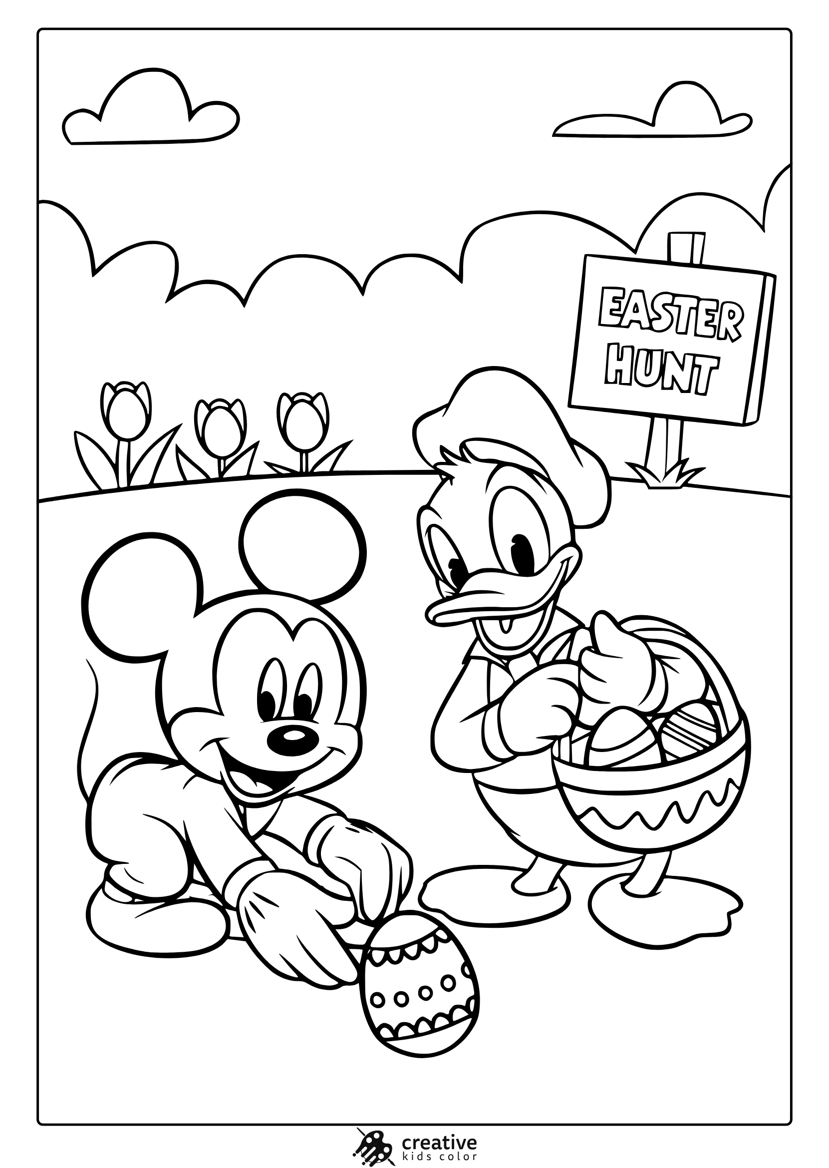 A Disney Easter Coloring Page With Mickey Mouse And Donald Duck Collecting Easter Eggs In A Festive Outdoor Setting.