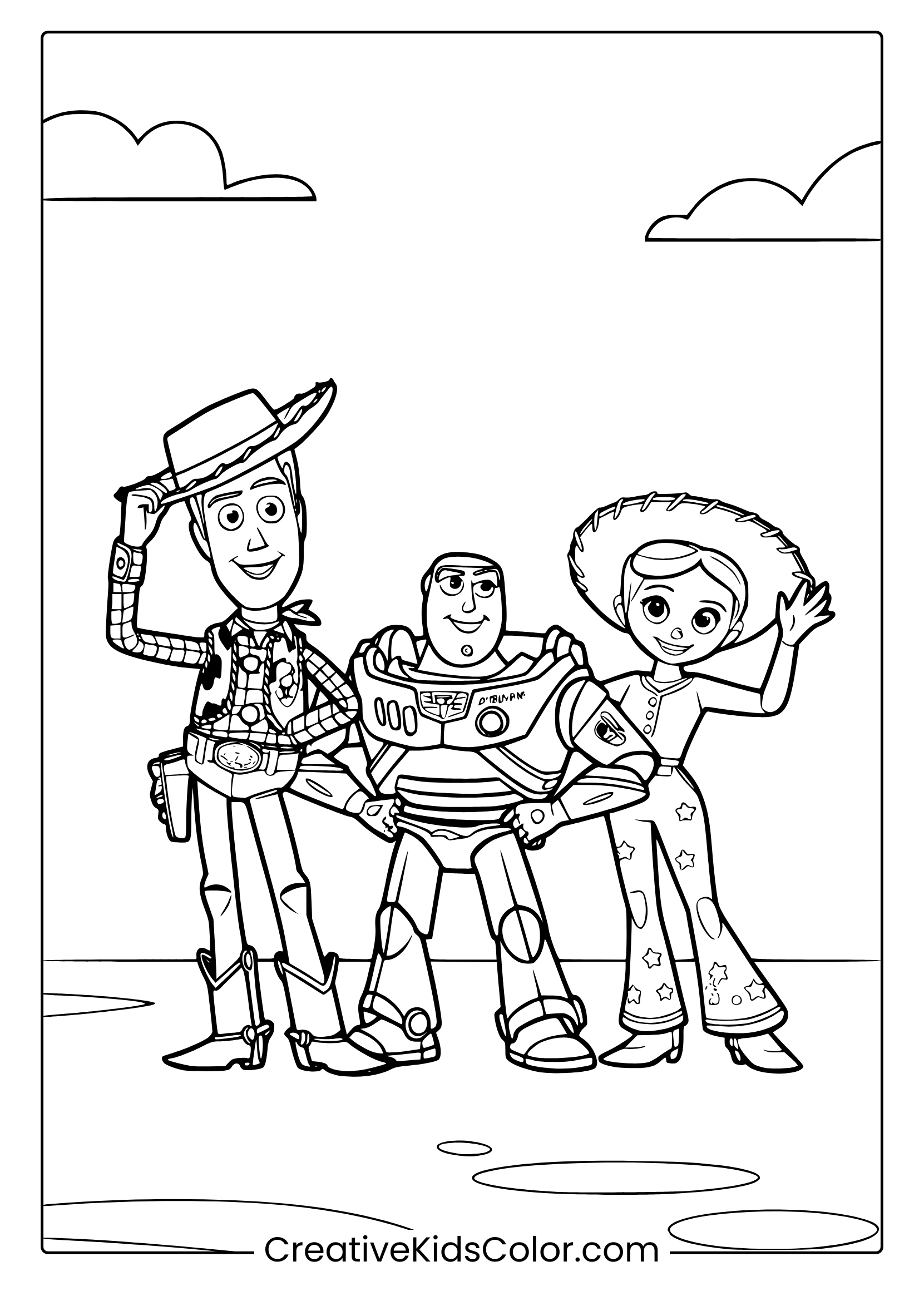 A Disney Toy Story Coloring Page Featuring Woody, A Robot, And A Girl In A Pink Dress With Stars Under A Clear, Cloudy Sky.