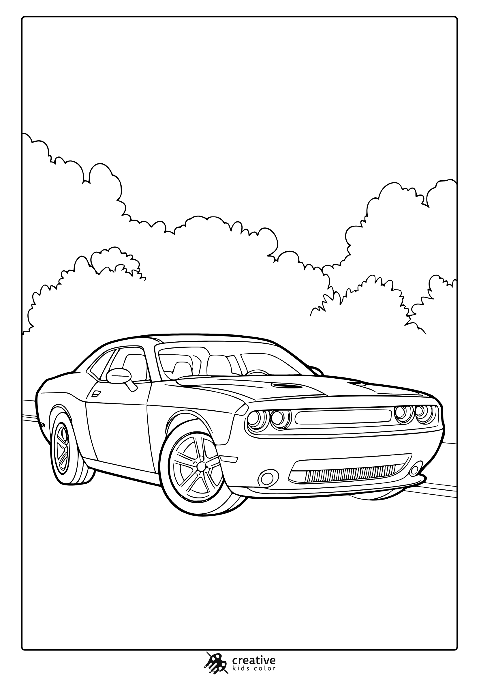A Dodge Challenger Sports Coupe On A Road With Trees, A Stylish Dodge Car Coloring Page.