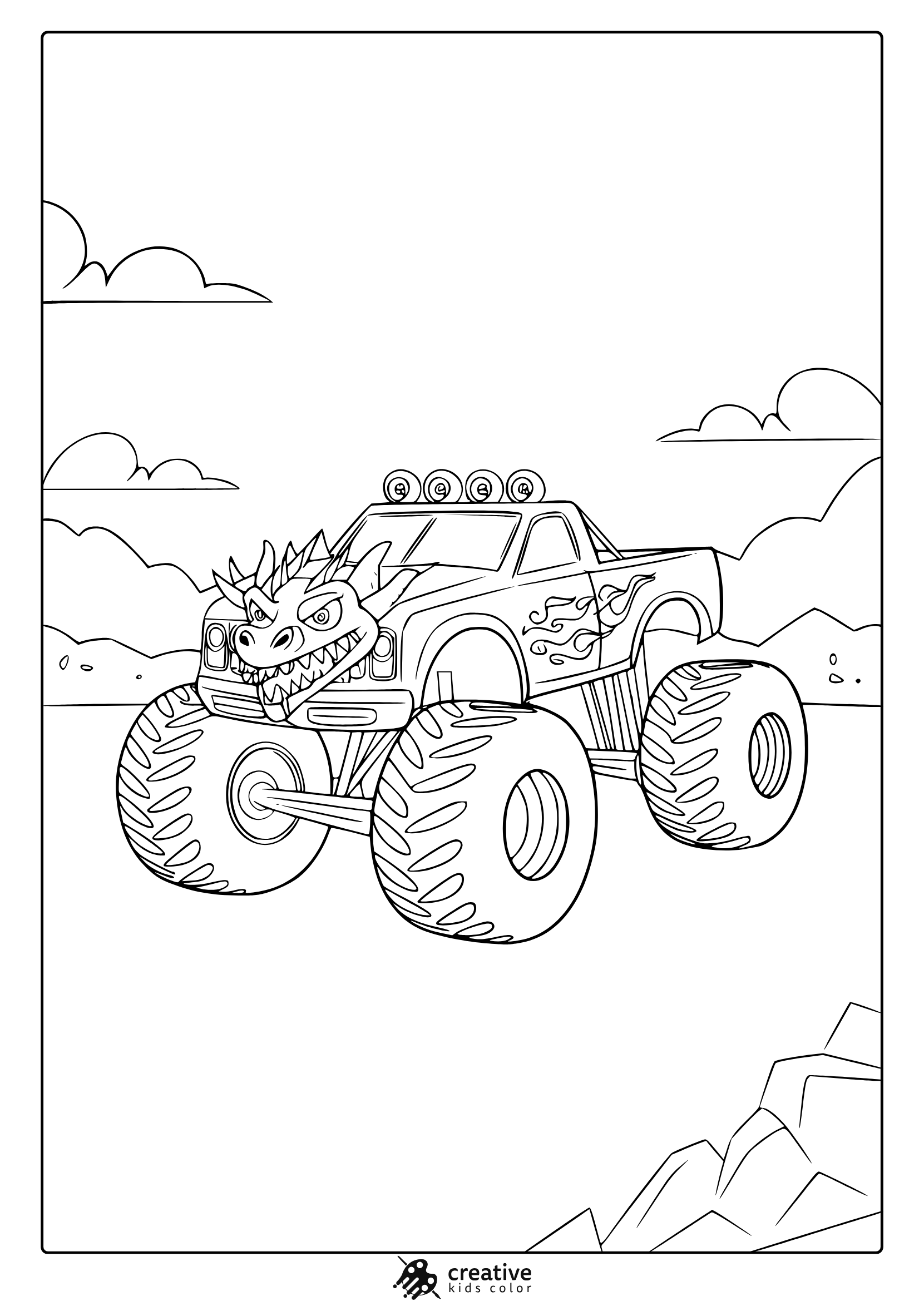 Dragon Monster Truck With Flames And Spikes On Rocky Terrain, Fierce And Fantasy Inspired Coloring Page.