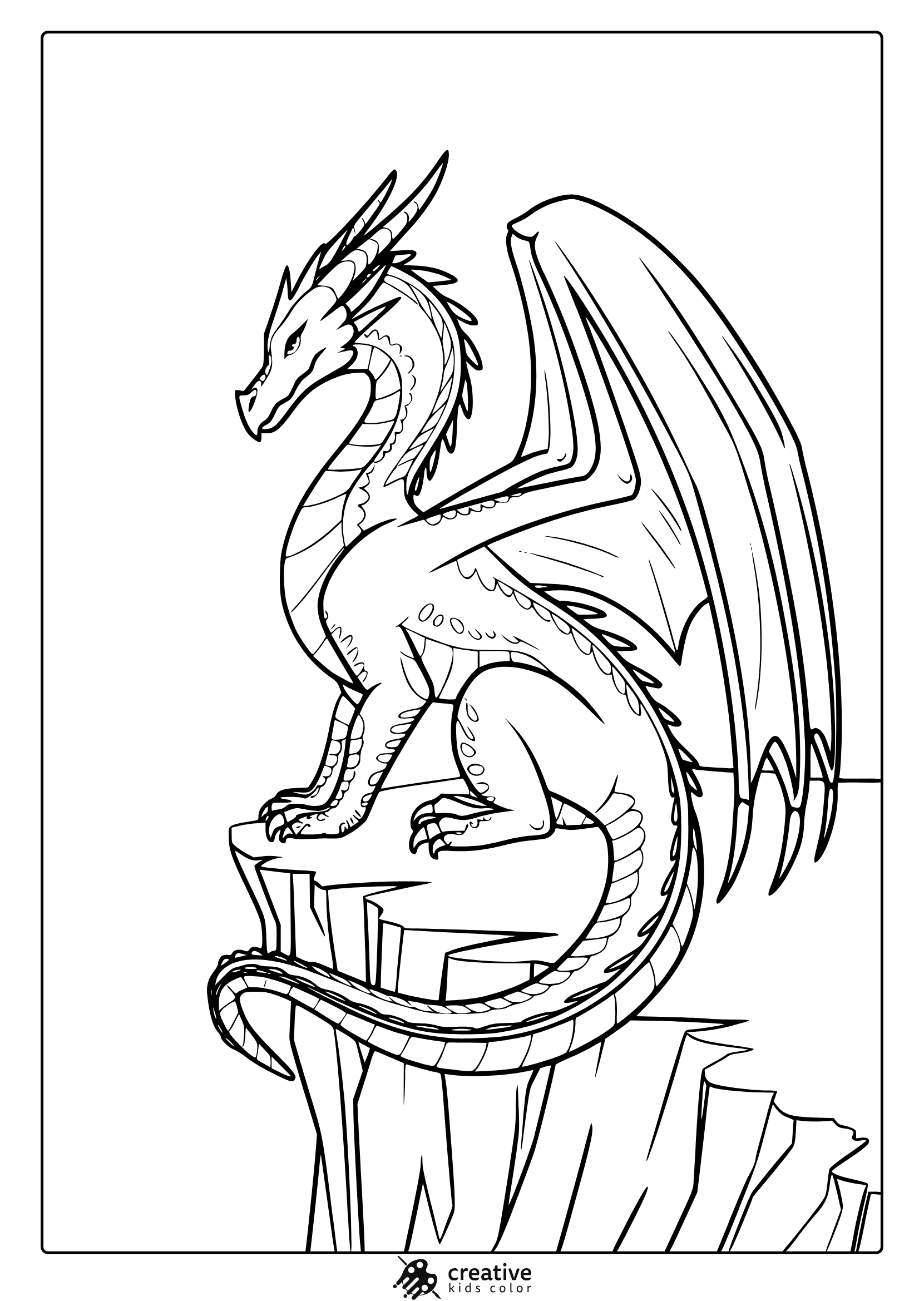 A dragon coloring page with a majestic dragon overlooking a vast landscape from a cliff.