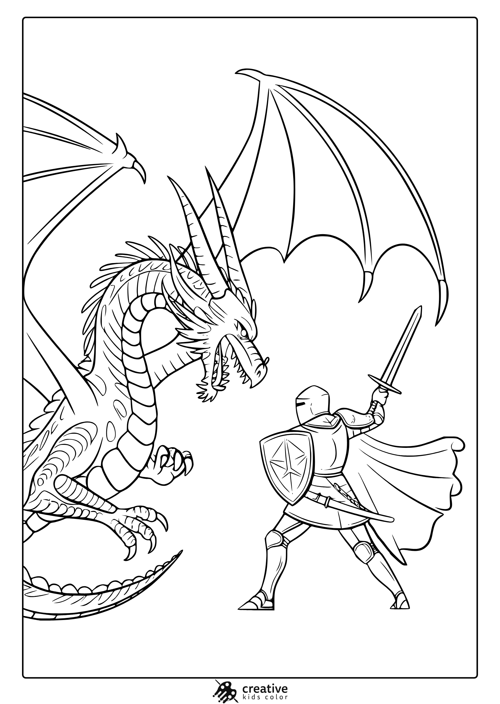 A Dragon Coloring Page Featuring A Knight In Armor Battling A Menacing Dragon With Outstretched Wings.