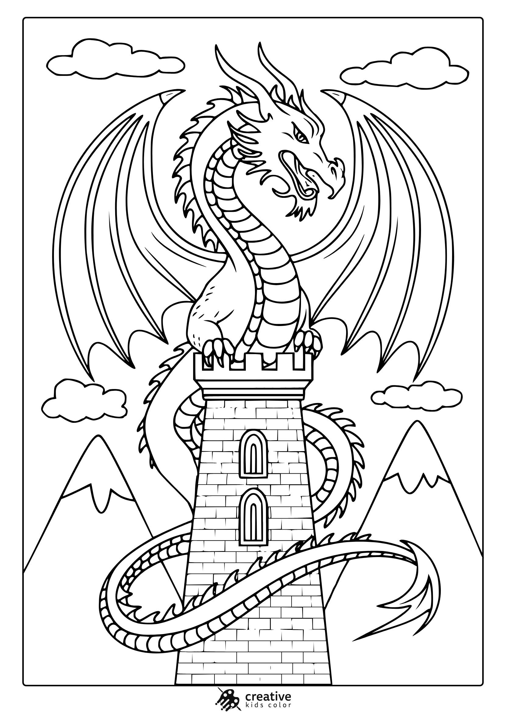 A Dragon Coloring Page With A Large Dragon Wrapped Around A Castle Tower, Creating A Fantasy Scene.