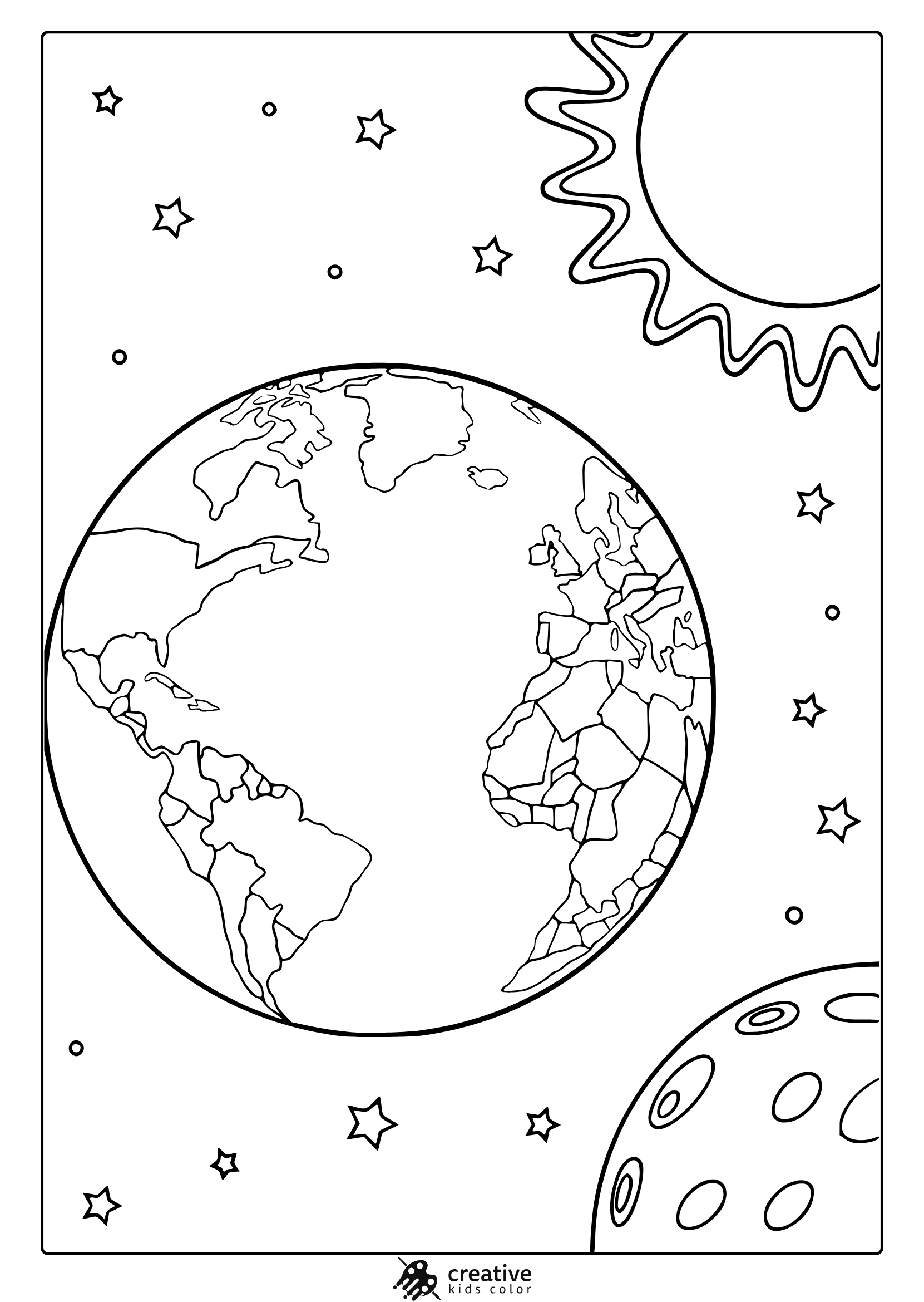 Earth Moon And Sun With Continents And Stars. Detailed Earth Coloring Page With Clean Line Art In Space Theme.