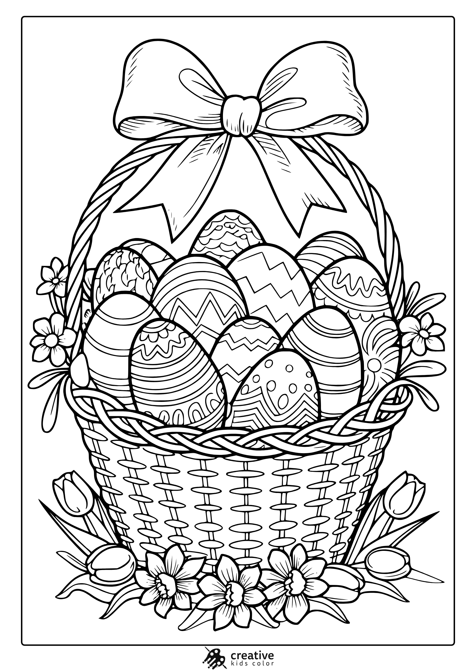 An Easter Basket Coloring Page Featuring A Decorative Basket With Eggs, A Ribbon, And Flowers For A Fun Coloring Activity.