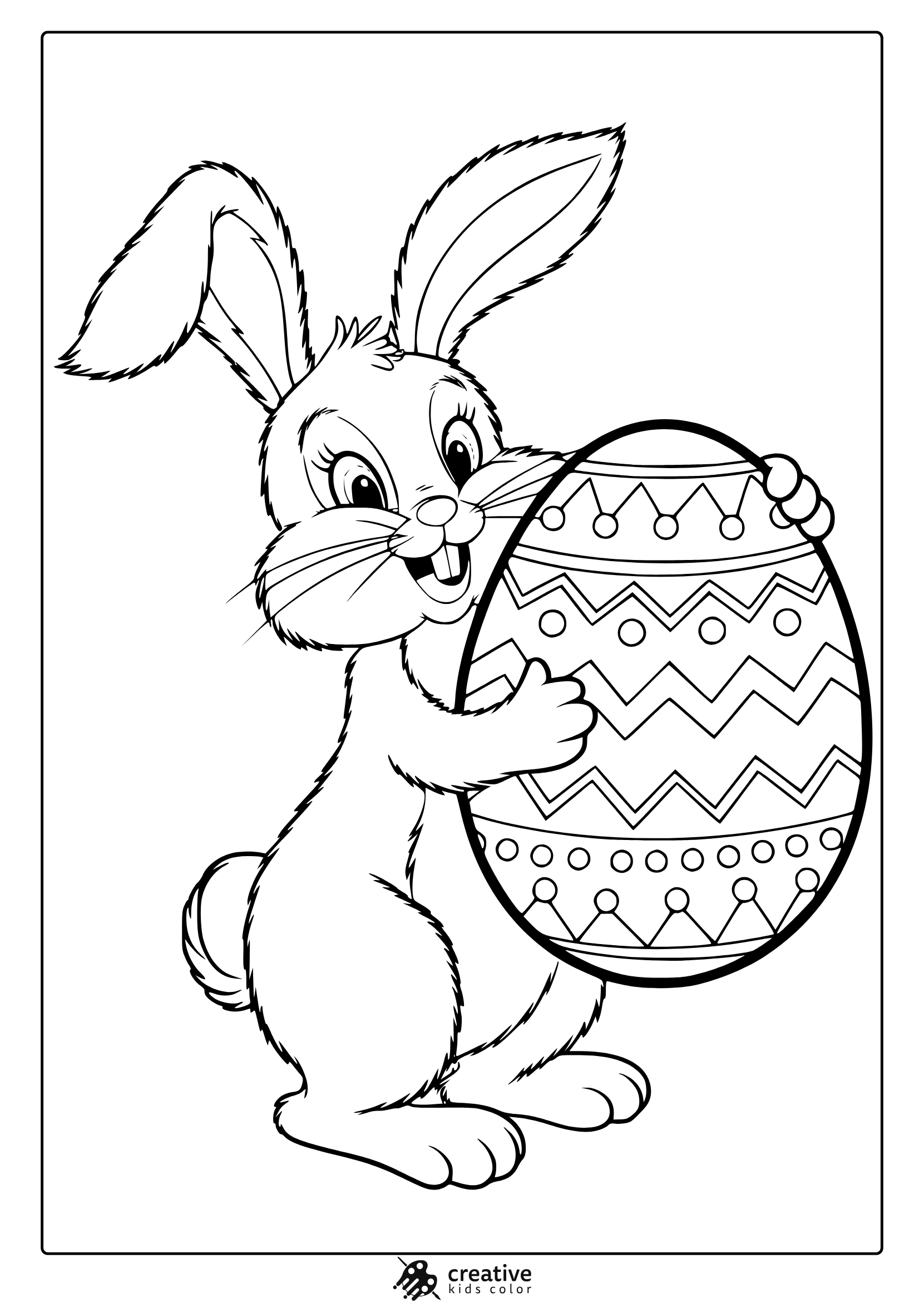 A Fun Easter Bunny Coloring Page With A Happy Bunny Hugging A Giant Patterned Easter Egg, Great For Kids To Color.