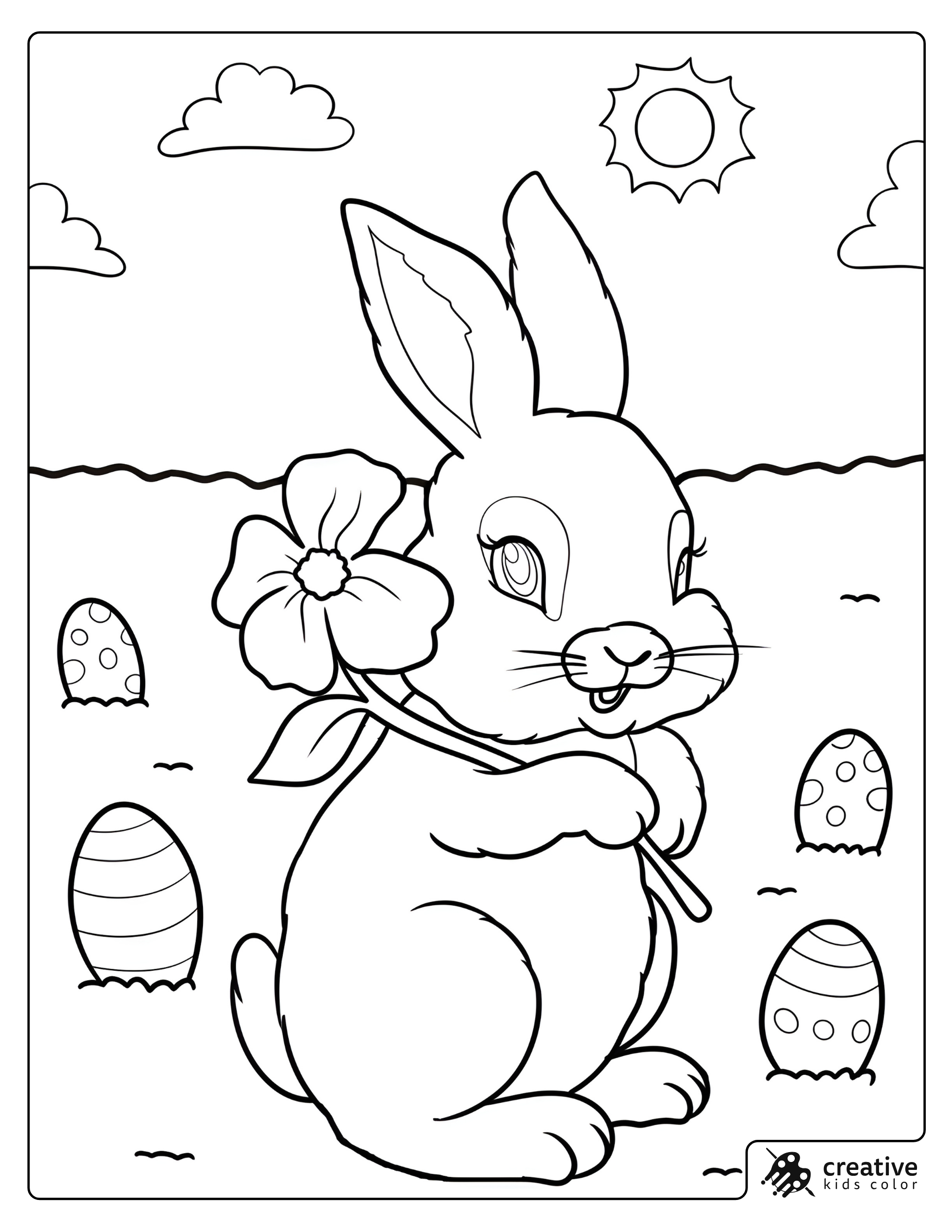 Easter Bunny Holding A Lily With Eggs Nearby Coloring Page