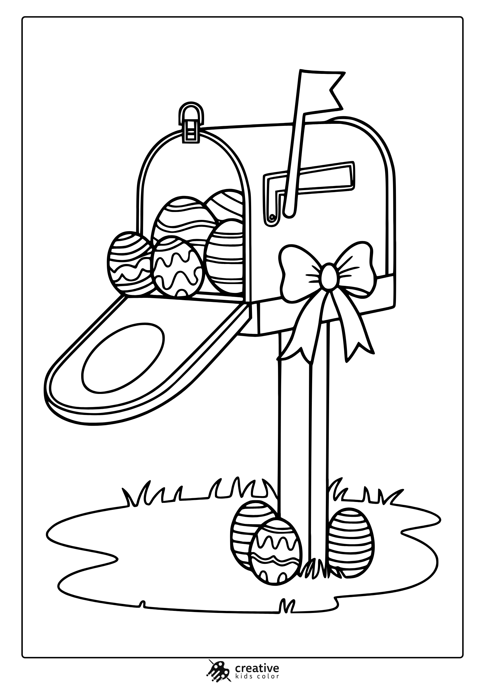 An Easter Mailbox Coloring Page Featuring An Open Mailbox With Decorated Eggs And A Ribbon, Ideal For A Festive Coloring Session.
