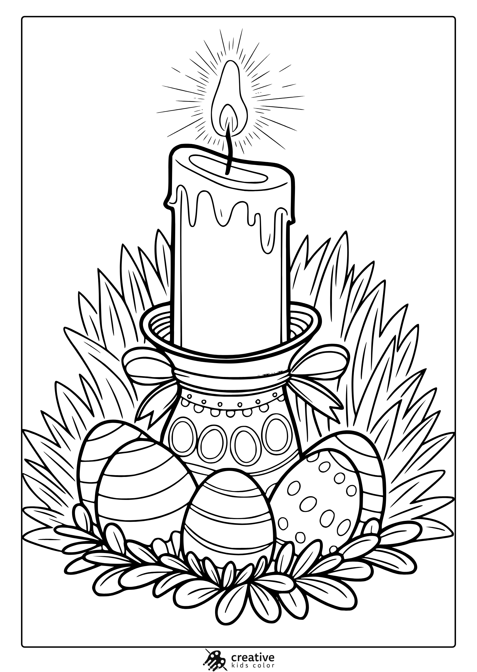 An Easter Candle Coloring Page Featuring A Glowing Candle, Floral Patterns, And Ornate Easter Eggs For A Peaceful Holiday Activity.