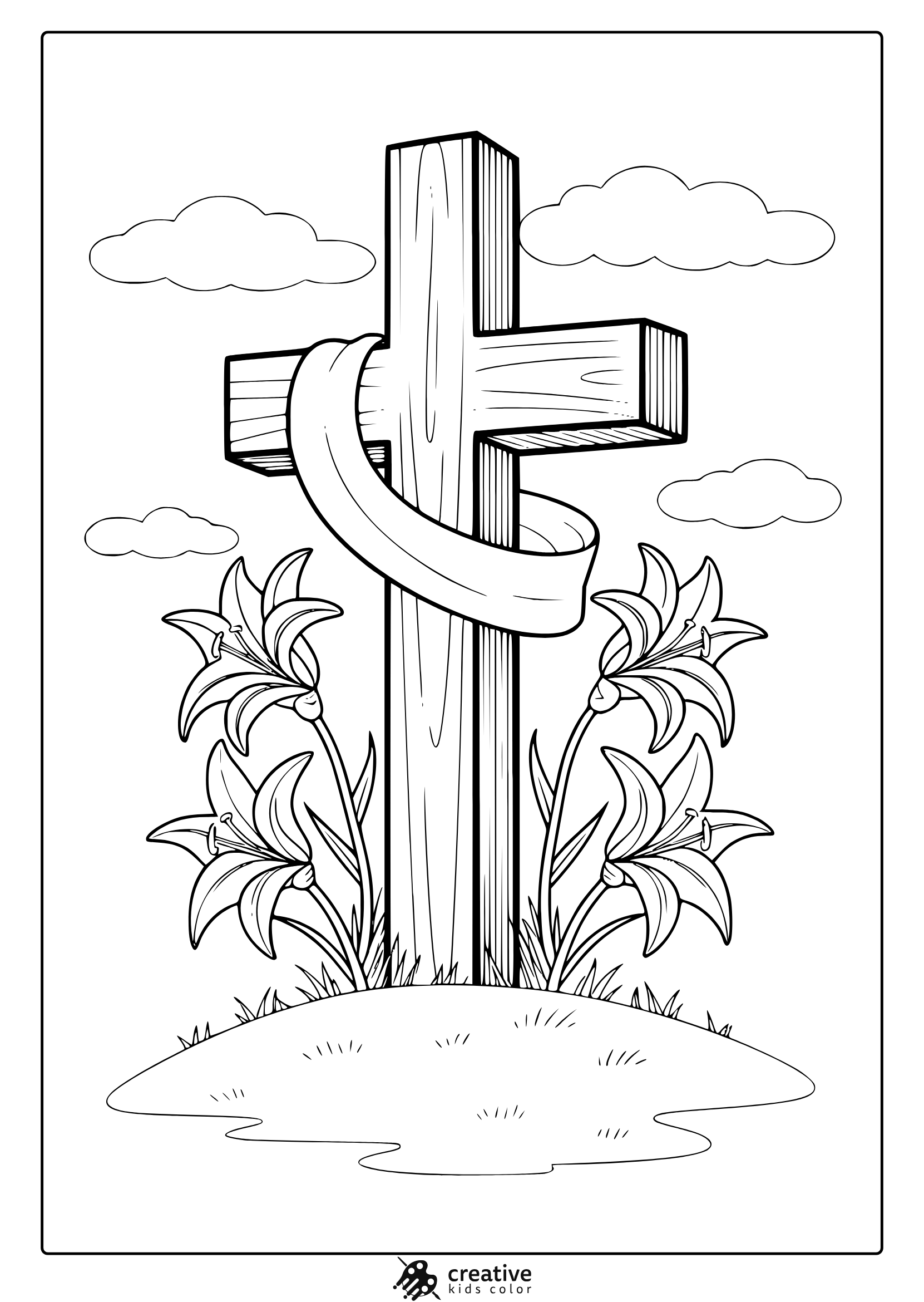 An Easter Cross Coloring Page With A Wooden Cross, Lilies, And A Peaceful Sky, Perfect For A Religious Easter Activity.