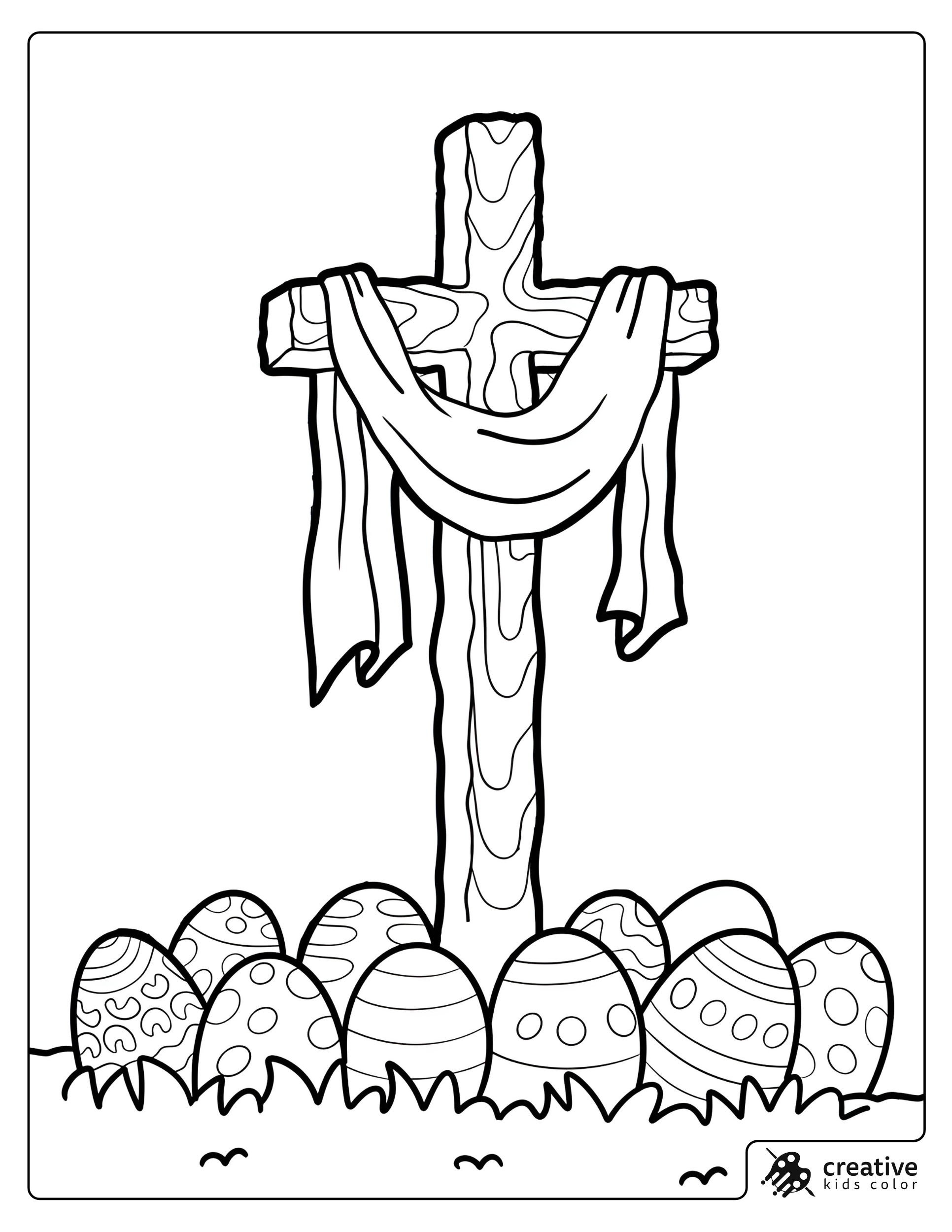 Easter Cross With Draped Cloth And Eggs Coloring Page