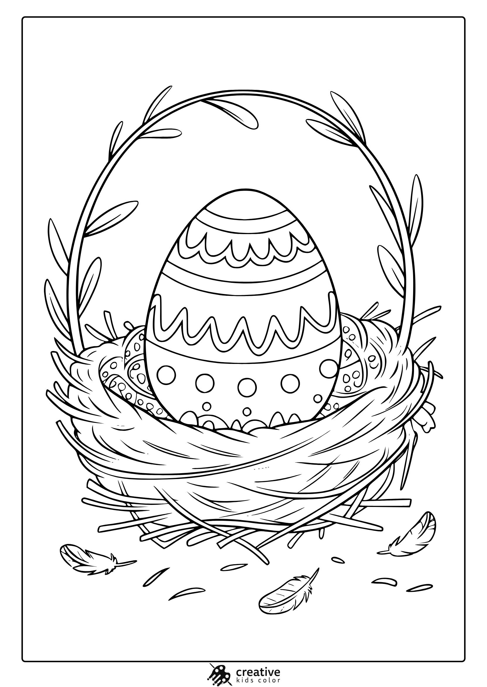 An Easter Egg Coloring Page With A Decorated Egg In A Nest, Framed By Leaves And Small Feathers, Perfect For Easter Crafts.