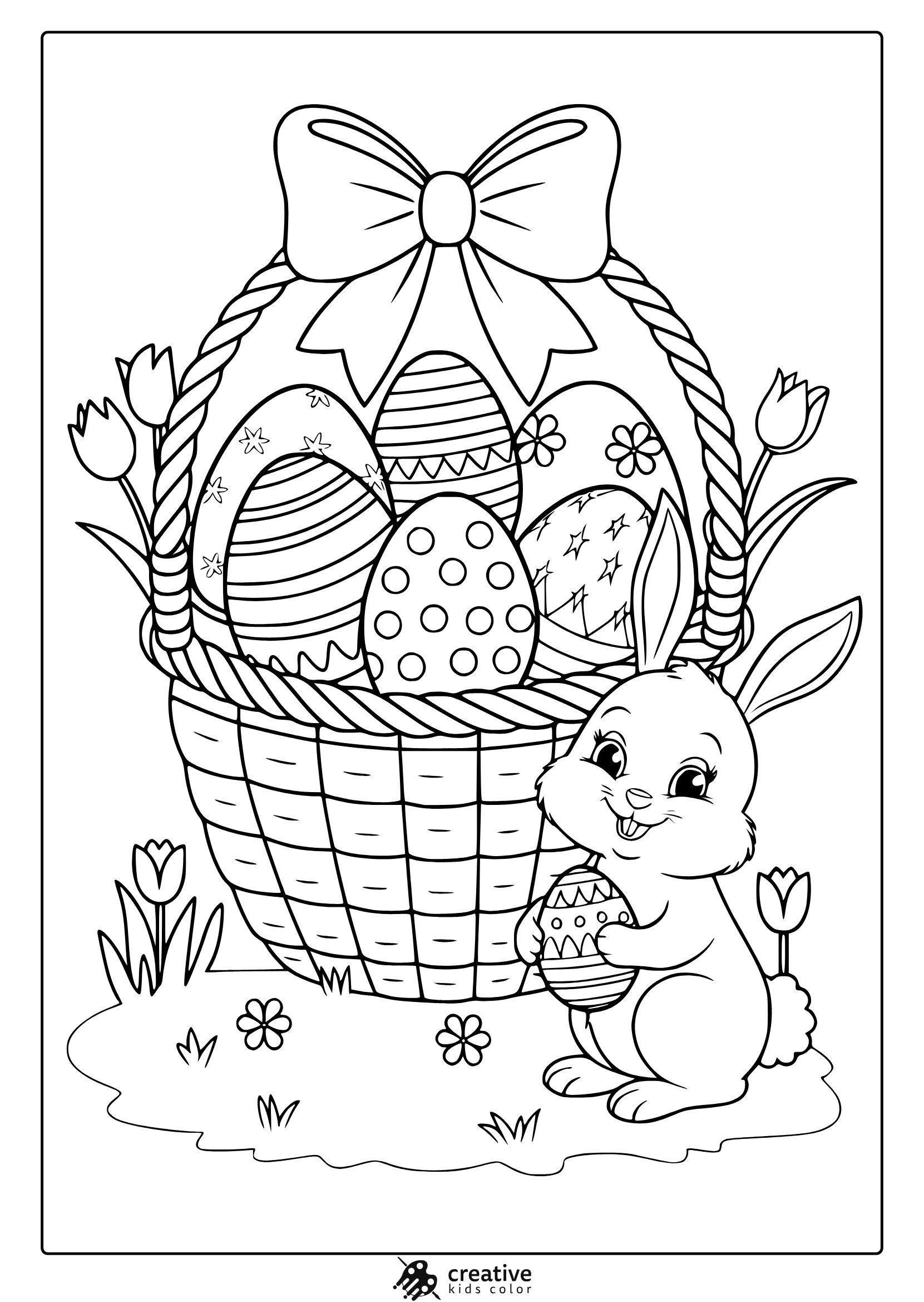A Fun Easter Bunny Coloring Page Featuring A Cheerful Bunny, A Woven Basket Of Decorated Eggs, And Flowers To Color.