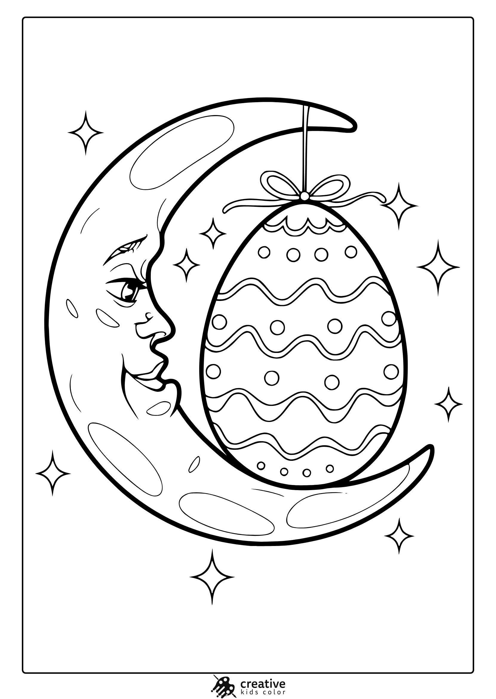A Celestial Easter Coloring Page With A Crescent Moon, Twinkling Stars, And A Hanging Easter Egg For A Dreamy Coloring Experience.