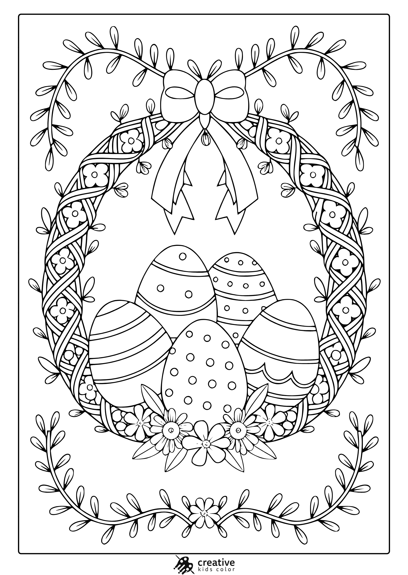 An Easter Wreath Coloring Page Featuring A Circular Wreath With Decorative Eggs, Flowers, And A Ribbon For A Festive Touch.