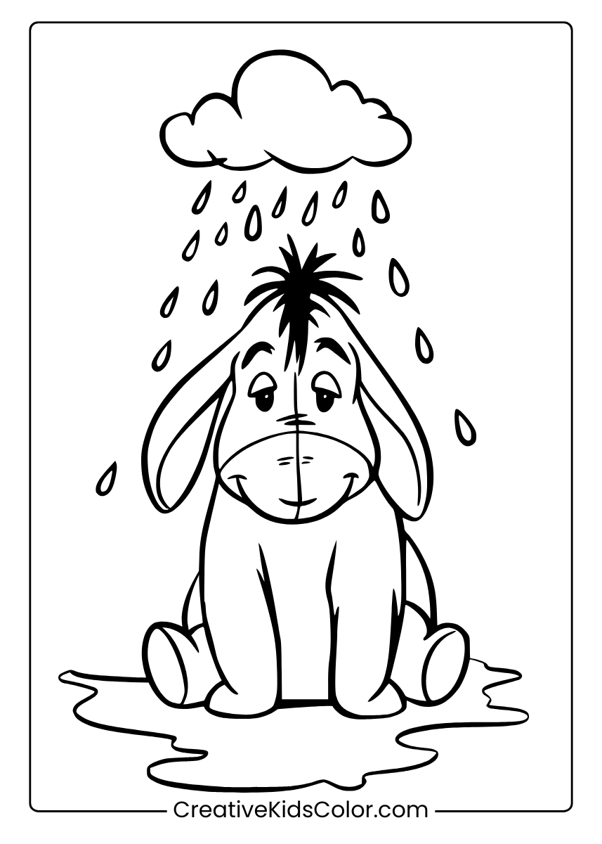 Gloomy Eeyore Coloring Page With Rain Falling From A Cloud Coloring Page.