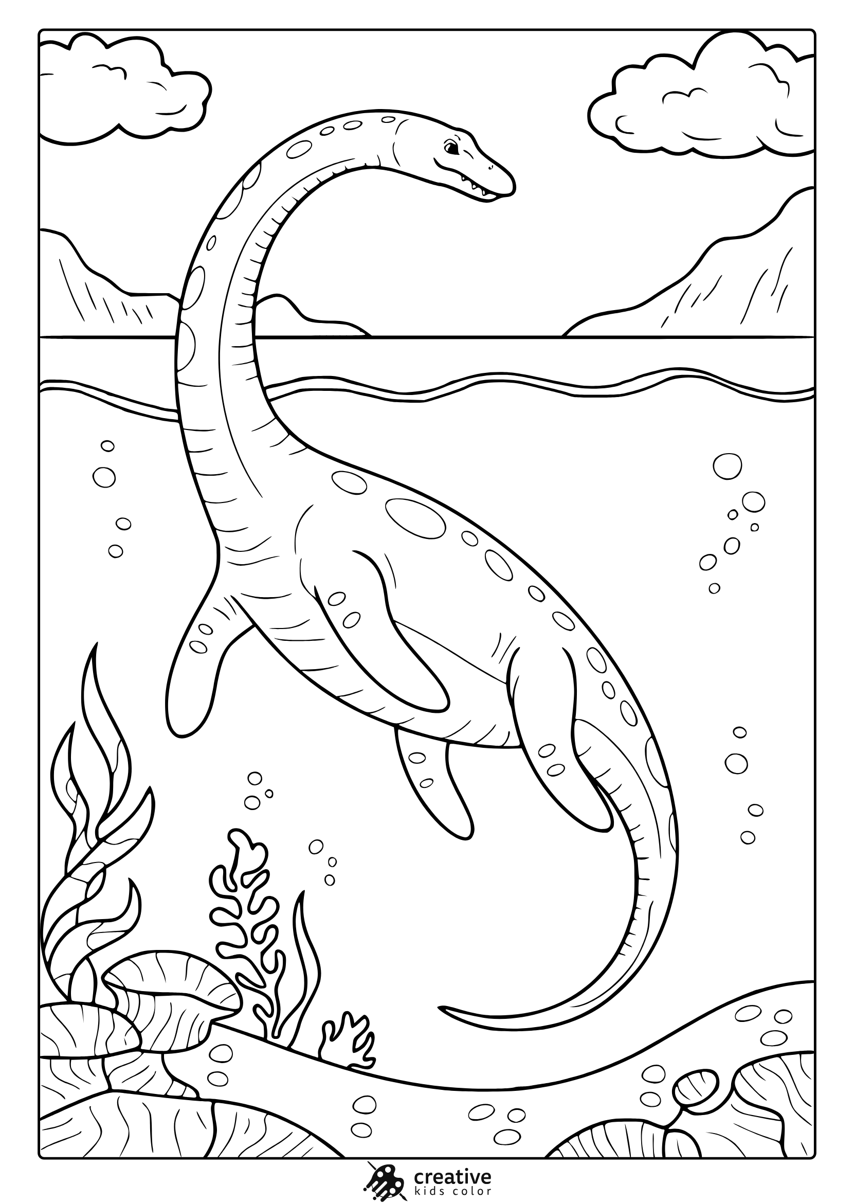 An Underwater Elasmosaurus With A Long Neck And Sea Plants Stars In This Marine-Themed Dinosaur Coloring Page.