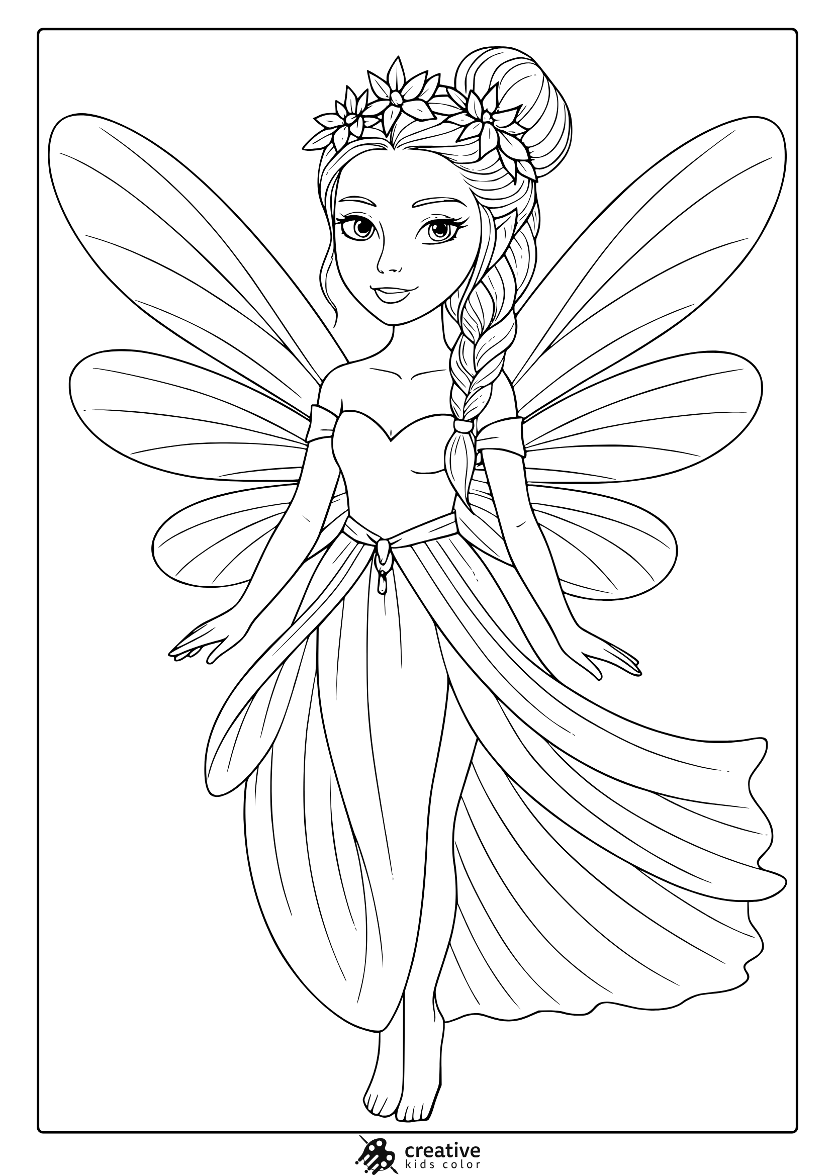 Elegant Fairy Coloring Page With Crown, Wings, And Flowing Petal Dress.