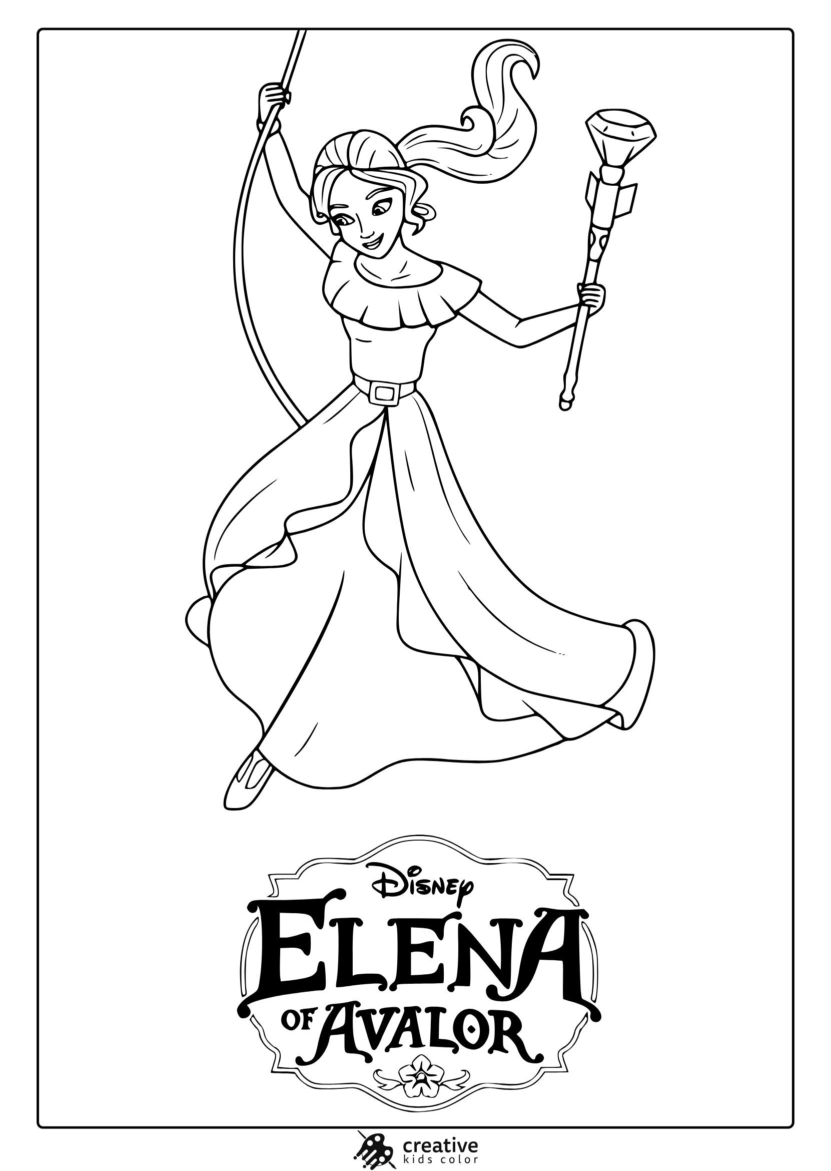 Coloring Page With Elena Of Avalor In A Dynamic Pose Holding A Magical Staff And Bow.