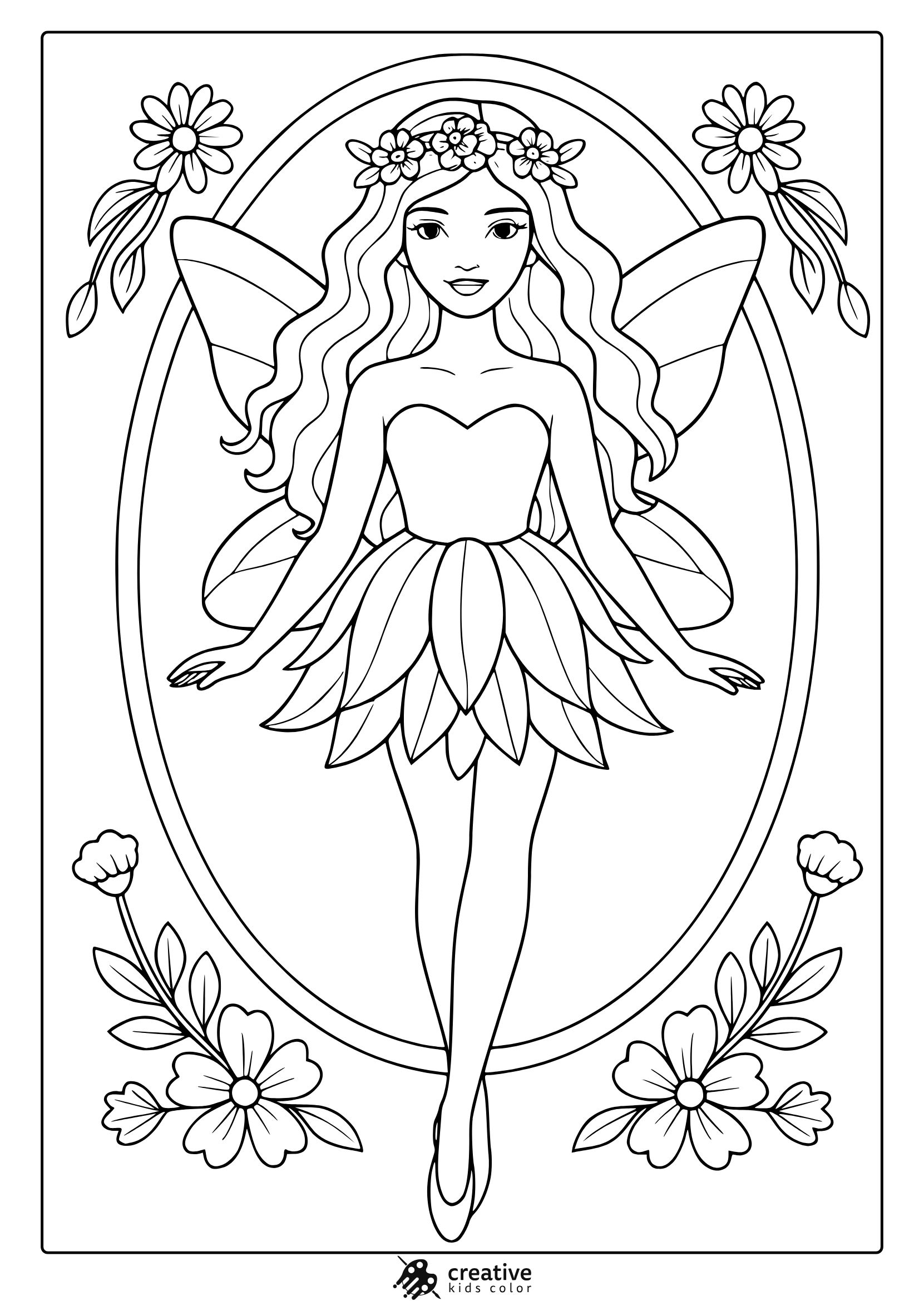 Fairy And Flowers Coloring Page In A Floral Frame With Butterfly Wings.