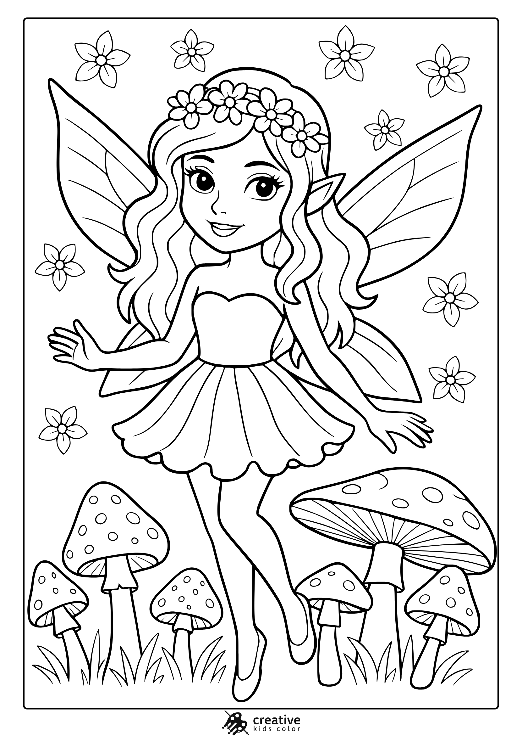 Fairy And Mushrooms Coloring Page With Large Toadstools And Flower Crown.