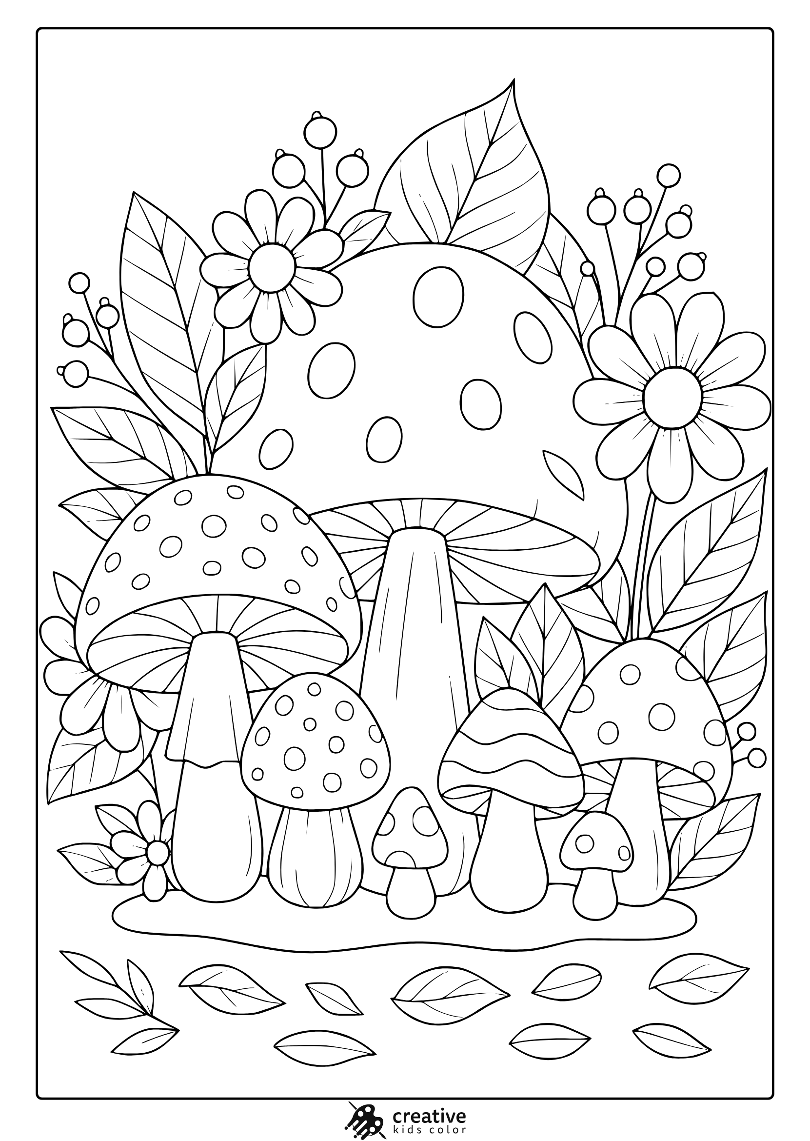 Fairy Garden Mushrooms Coloring Page With Spotted Mushrooms And Flowers.