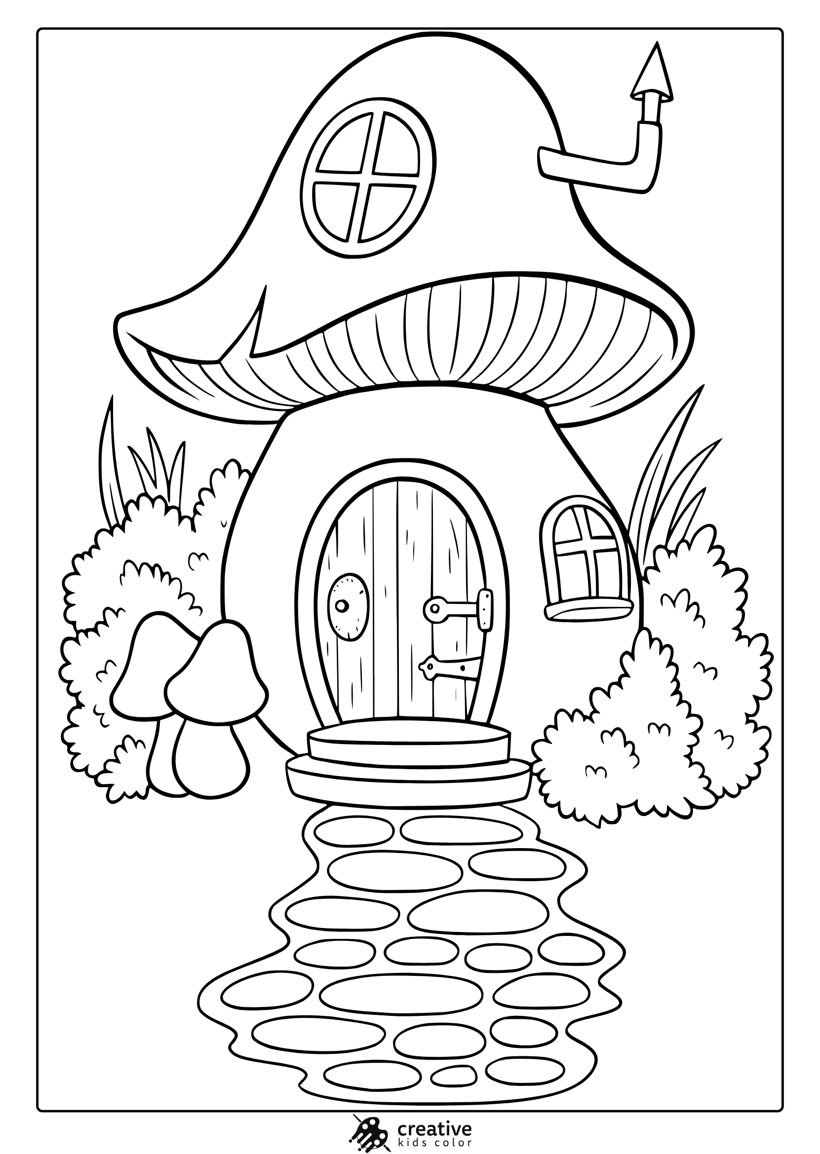 Fairy House Coloring Page With Whimsical Mushroom Roof And Rounded Shapes.