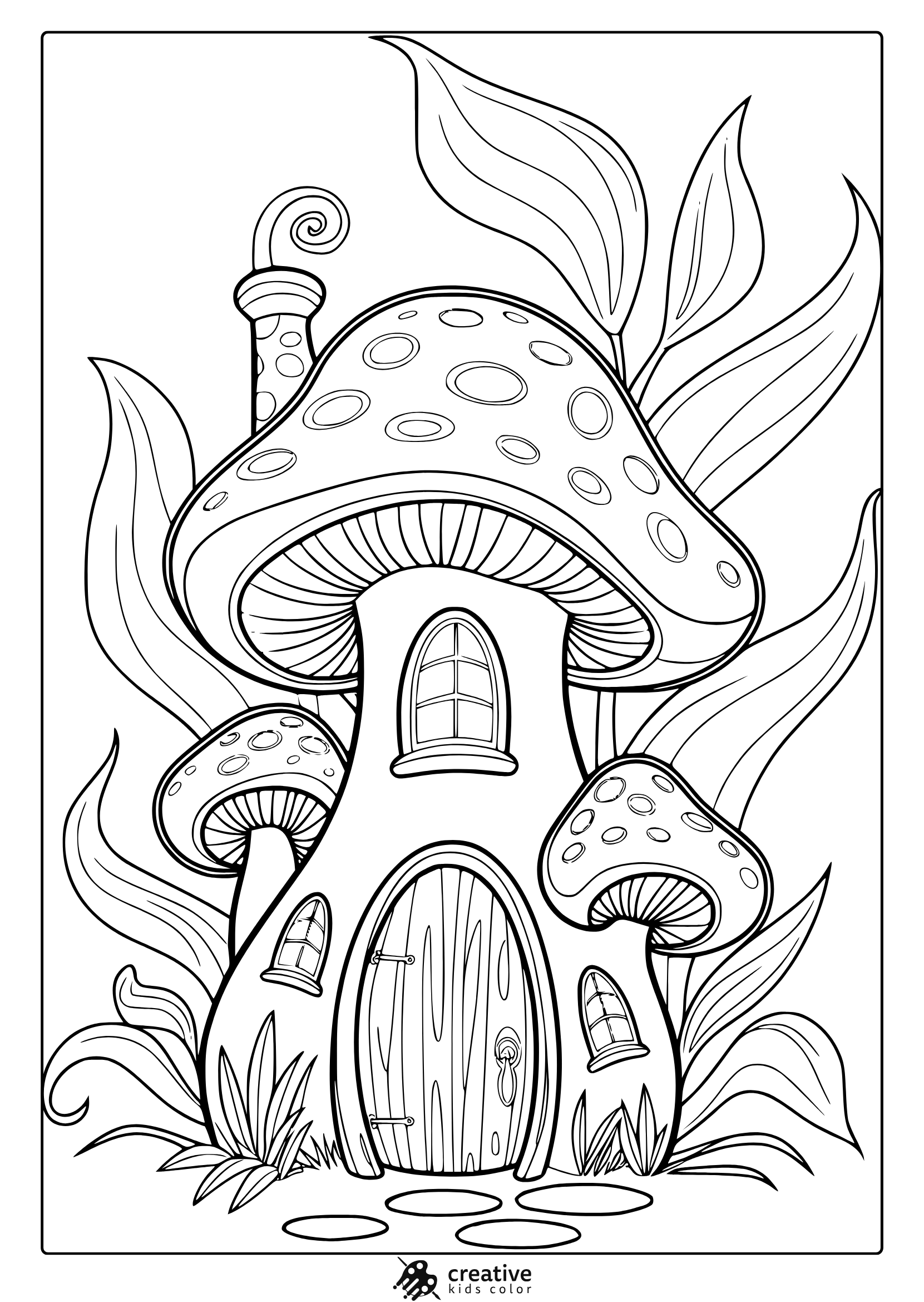 Fairy-Tale Mushroom House With Red Spotted Cap And Leafy Surroundings In This Magical Coloring Page.